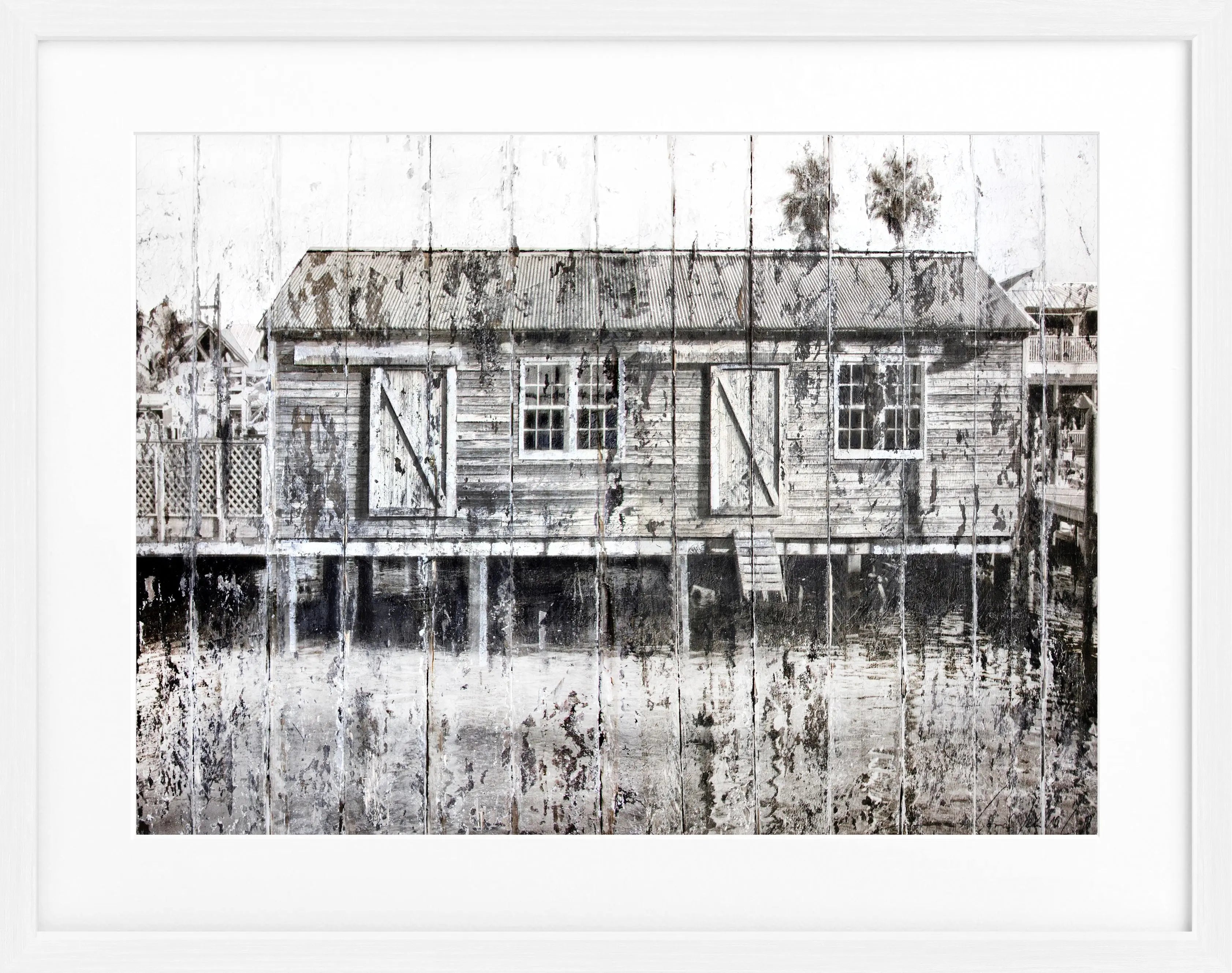 Poster mit Rahmen ‚Boat House‘ Key West, von Cosman-Photocollection, zeigt ein maritimes Motiv in Schwarz-Weiß, 31x25 cm.