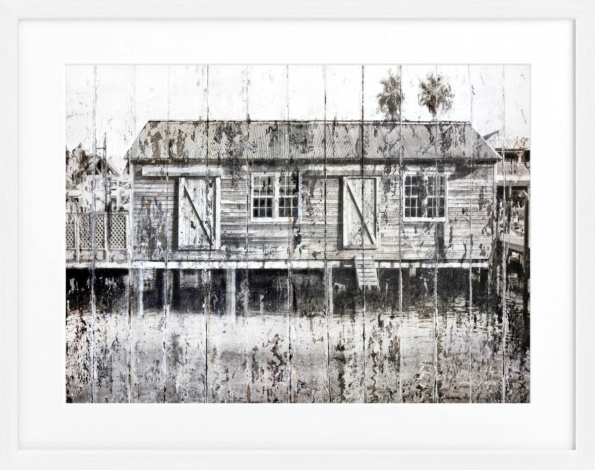 Gerahmtes Poster 'Boat House' Key West von Cosman-Photocollection, farbiger Meeresblick, 31x25cm, schwarzer Rahmen.