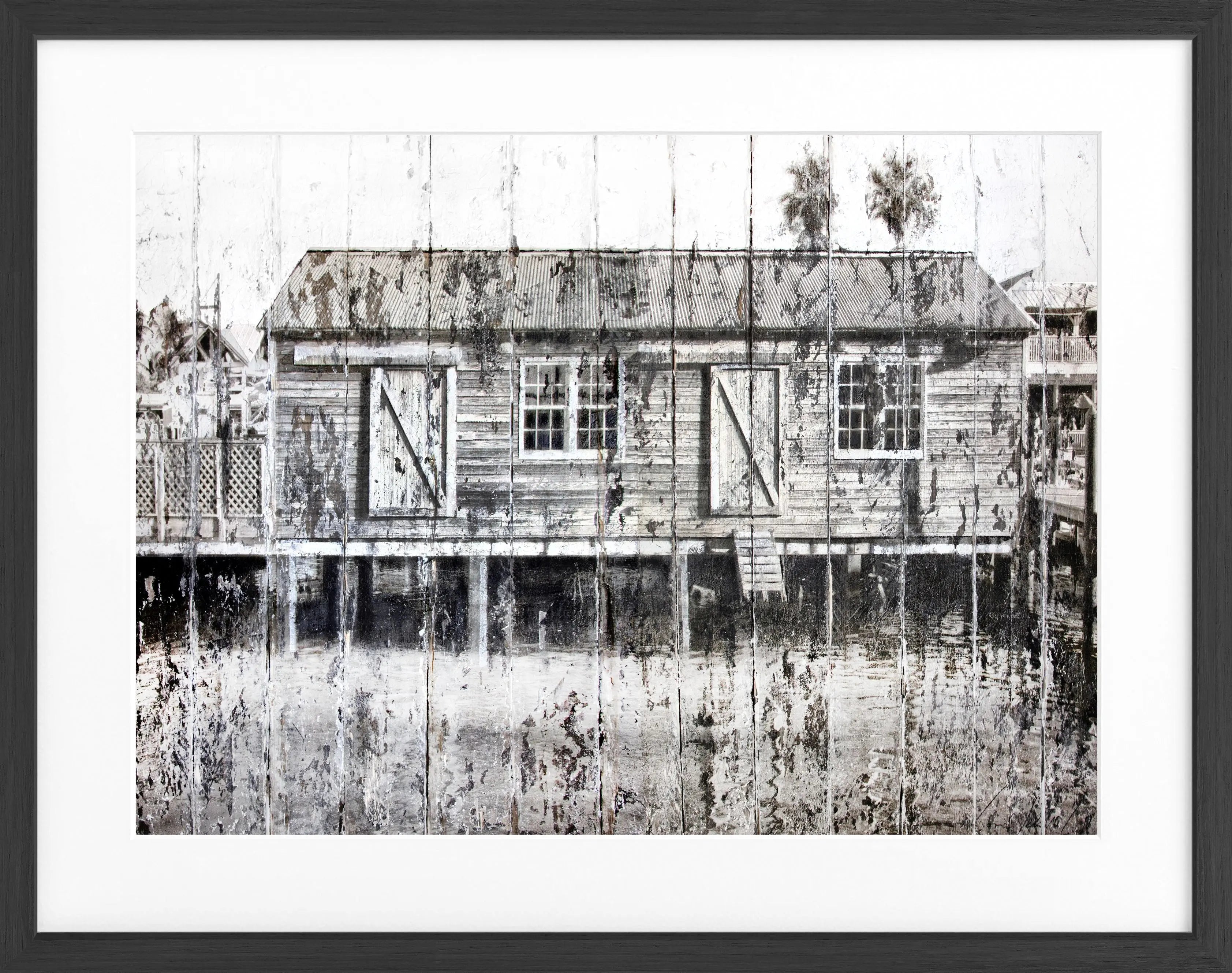 Schwarzweiß-Poster mit Rahmen ’Boat House’ Key West von Cosman-Photocollection, 31x25 cm, maritimes Motiv, Wanddekoration