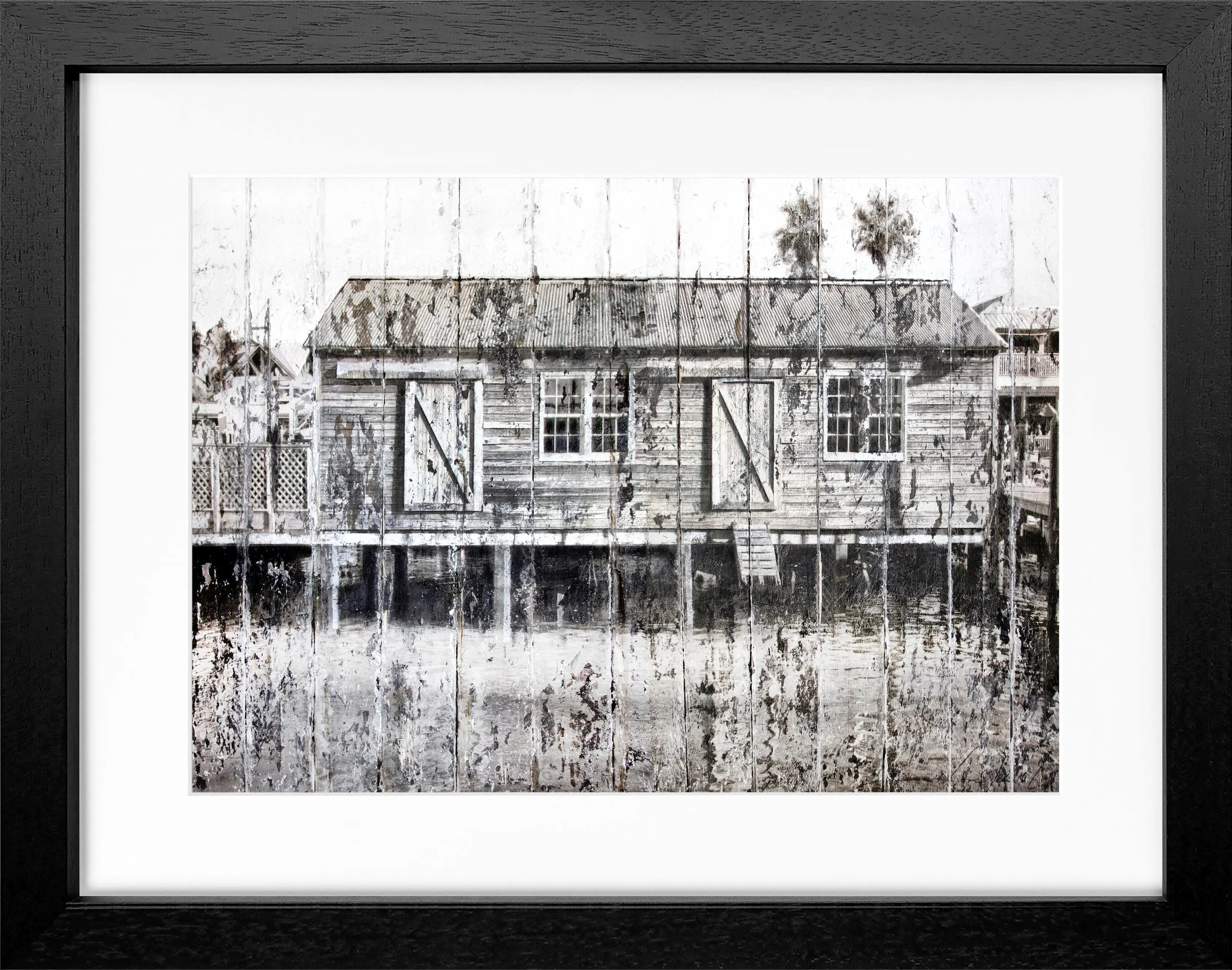 Schwarzweiß-Poster mit Rahmen ’Boat House’ Key West von Cosman-Photocollection, 31x25 cm, maritimes Motiv, dekoratives Wandbild