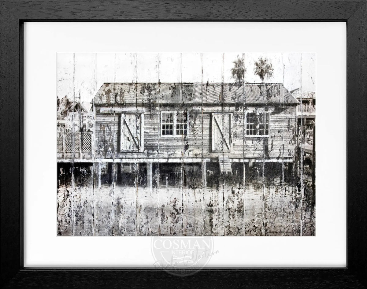 Schwarzweiß-Poster mit Rahmen ’Boat House’ Key West von Cosman-Photocollection, 31x25 cm, maritimes Motiv, dekoratives Wandbild