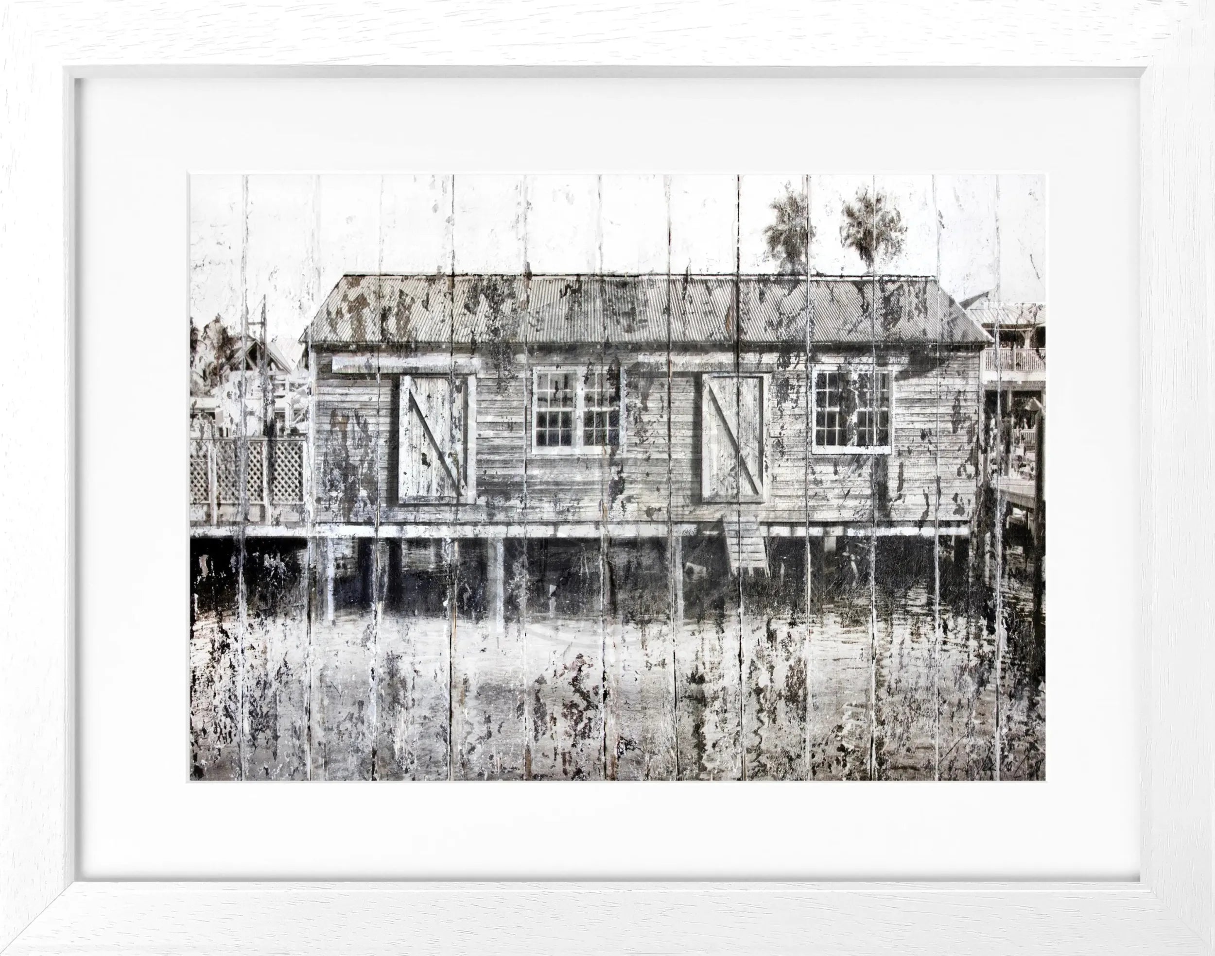 Schwarz-weißes Poster mit Rahmen von Cosman-Photocollection, Motiv 'Boat House' in Key West, 31x25 cm
