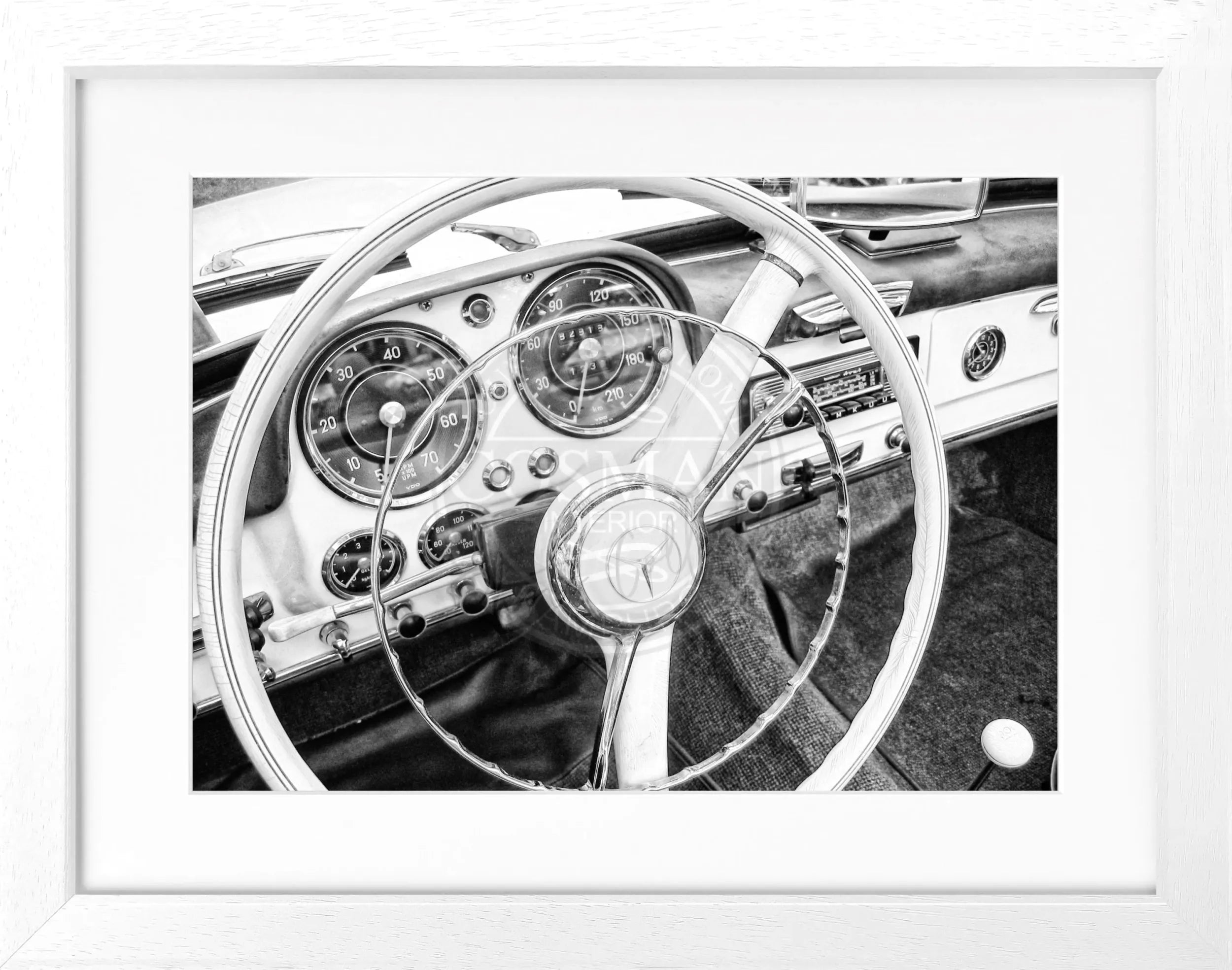 Schwarz-weiß Mercedes Poster mit Rahmen von Cosman-Photocollection, 31x25 cm, Wanddekoration für Autoliebhaber