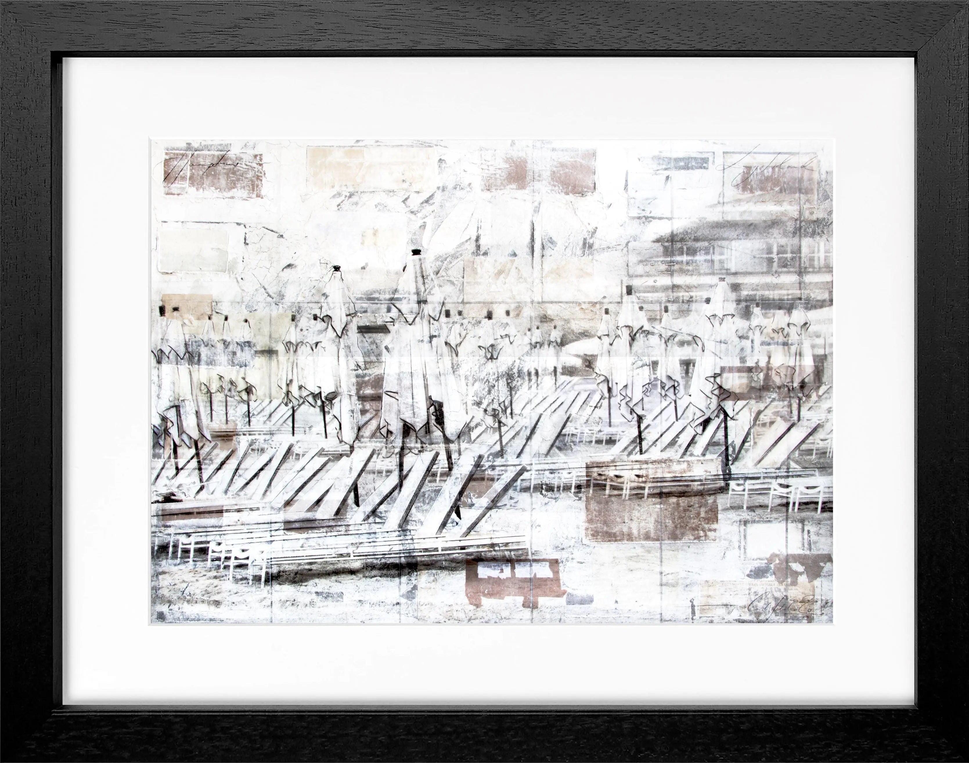 Gerahmtes Poster ’Beach’ von Cosman-Photocollection, Hamptons Long Island, mit schwarzem Rahmen, 31x25cm, maritime Strandansicht