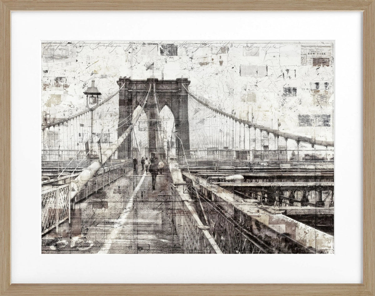 Schwarz-weiß Poster mit Rahmen von der Brooklyn Bridge, von Cosman-Photocollection, Bildgröße 31x25 cm