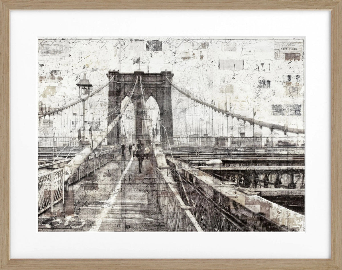 Schwarz-weiß Poster mit Rahmen von der Brooklyn Bridge, von Cosman-Photocollection, Bildgröße 31x25 cm