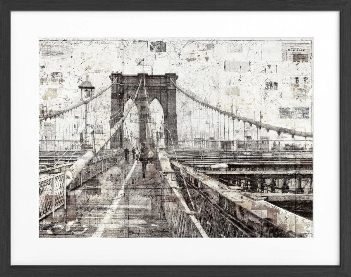Schwarz-weiß Poster mit Rahmen von der Brooklyn Bridge, von Cosman-Photocollection, 31x25 cm, urbanes New York Motiv