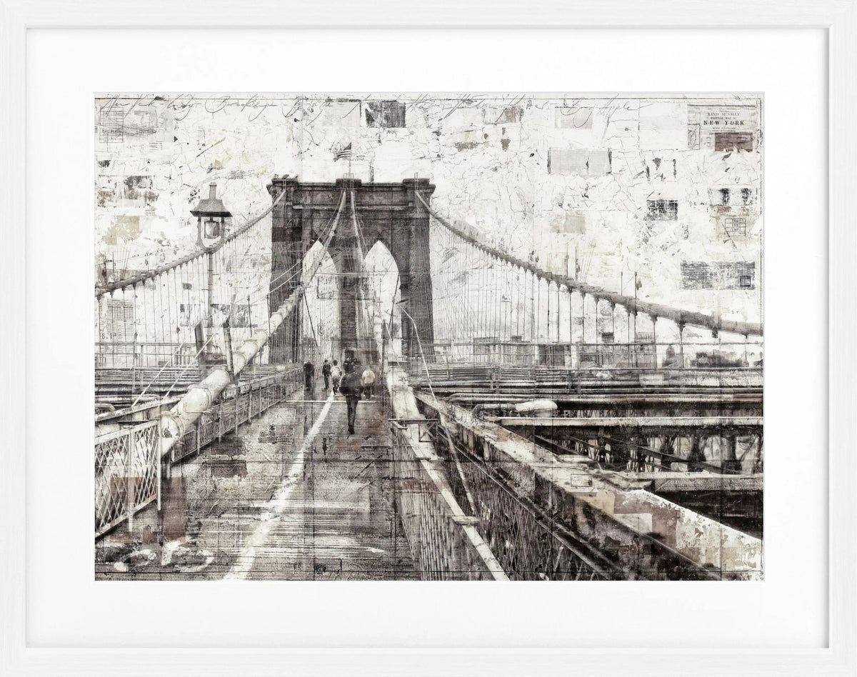 Schwarz-weiß Poster mit Rahmen von Brooklyn Bridge, von Cosman-Photocollection, 31x25 cm, urbanes Stadtbild