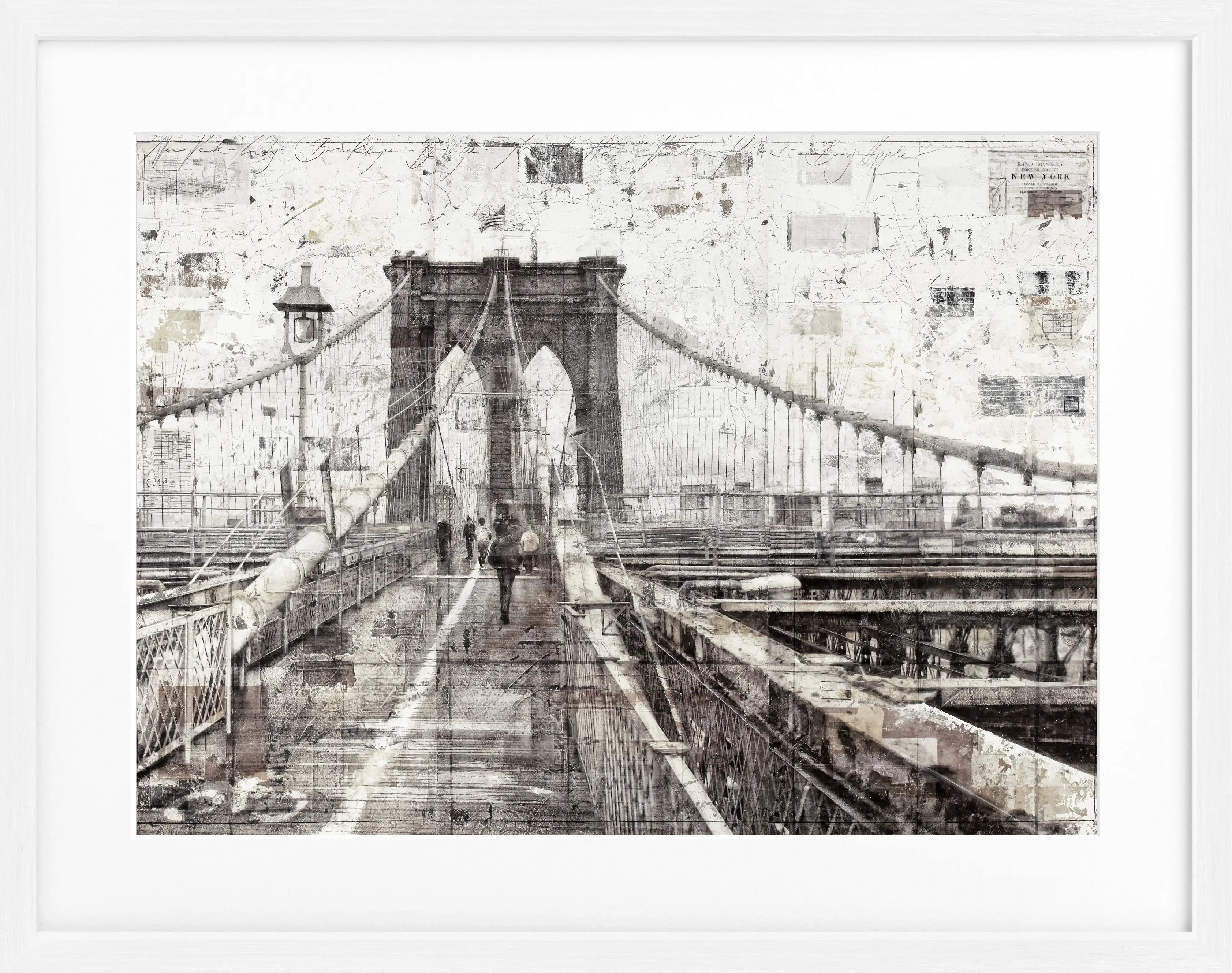 Schwarz-weiß Poster mit Rahmen von Brooklyn Bridge, von Cosman-Photocollection, 31x25 cm, urbanes Stadtbild