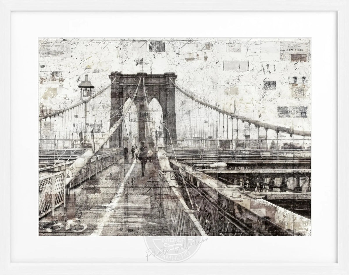 Schwarz-weiß Poster mit Rahmen von Brooklyn Bridge, von Cosman-Photocollection, 31x25 cm, urbanes Stadtbild