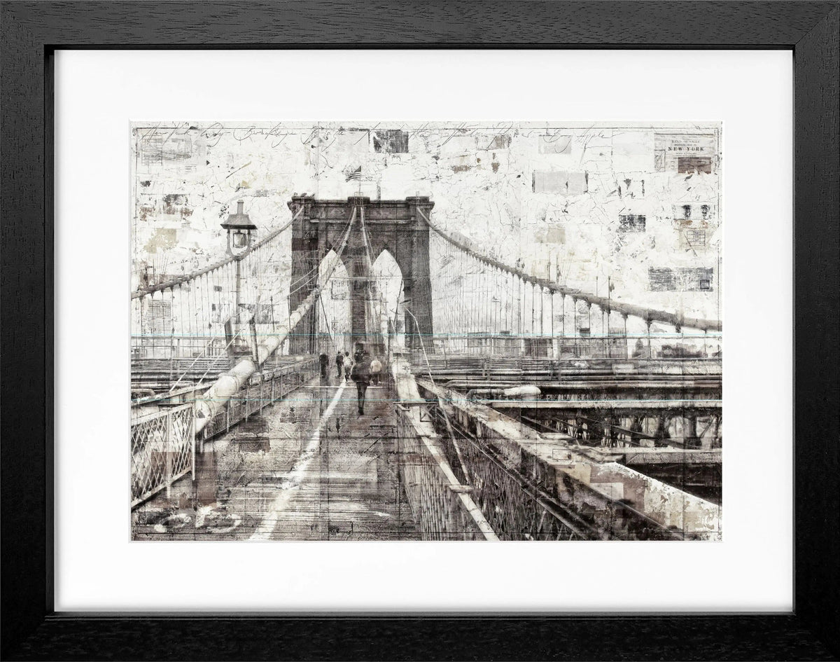 Schwarzweiß-Poster mit Rahmen von Brooklyn Bridge, von Cosman-Photocollection, 31x25 cm, Wanddekoration