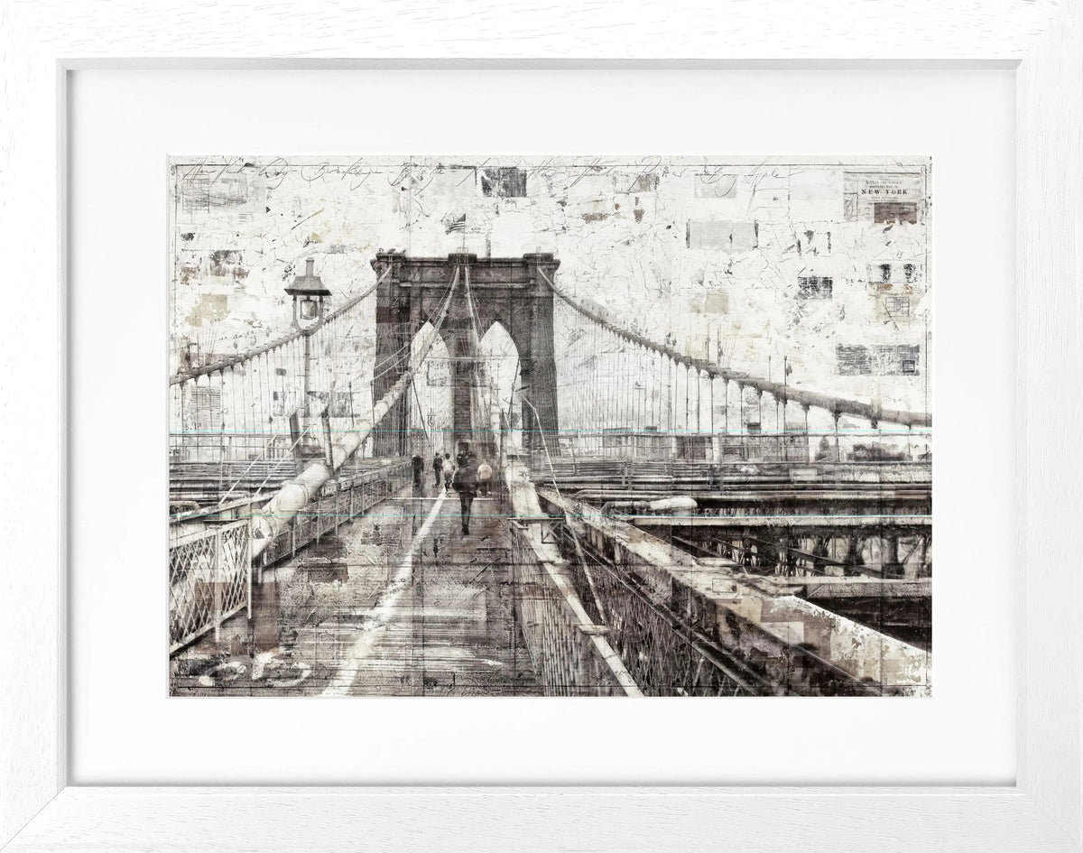 Schwarz-weiß Poster mit Rahmen von der Brooklyn Bridge, von Cosman-Photocollection, 31x25 cm, Kunstdruck für Wanddekoration