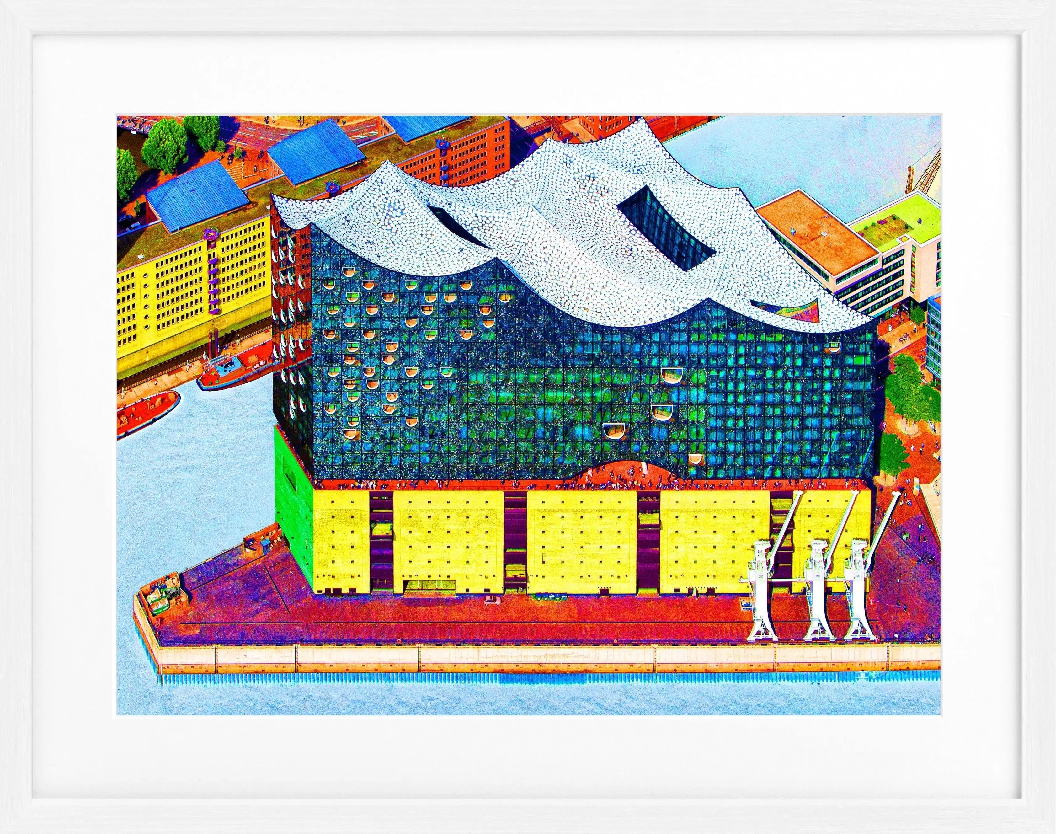 Gerahmtes Poster der Hamburg Elbphilharmonie in der Color Edition, von Cosman-Photocollection, 31x25 cm, farbige Architekturaufnahme