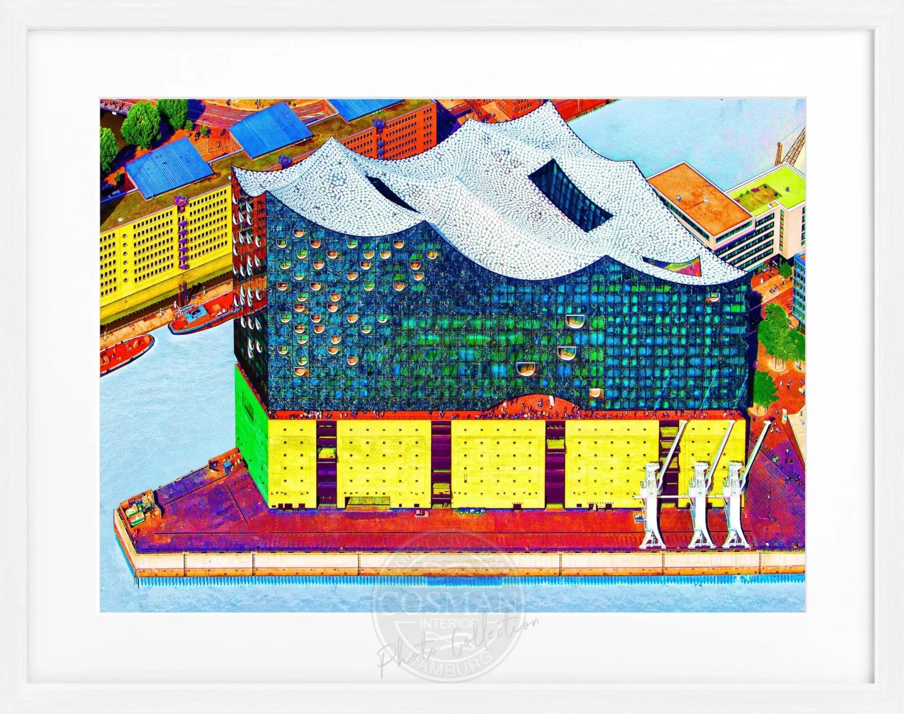 Gerahmtes Poster der Hamburg Elbphilharmonie in der Color Edition, von Cosman-Photocollection, 31x25 cm, farbige Architekturaufnahme