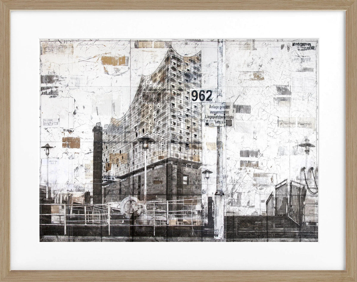 Schwarz-weiß Poster mit Rahmen von der Elbphilharmonie Hamburg, von Cosman-Photocollection, 31x25cm, Wanddekoration
