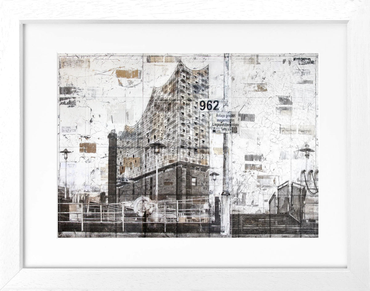 Schwarz-weiß Poster der Elbphilharmonie Hamburg im Rahmen, von Cosman-Photocollection, 31x25 cm, Kunstfotografie.