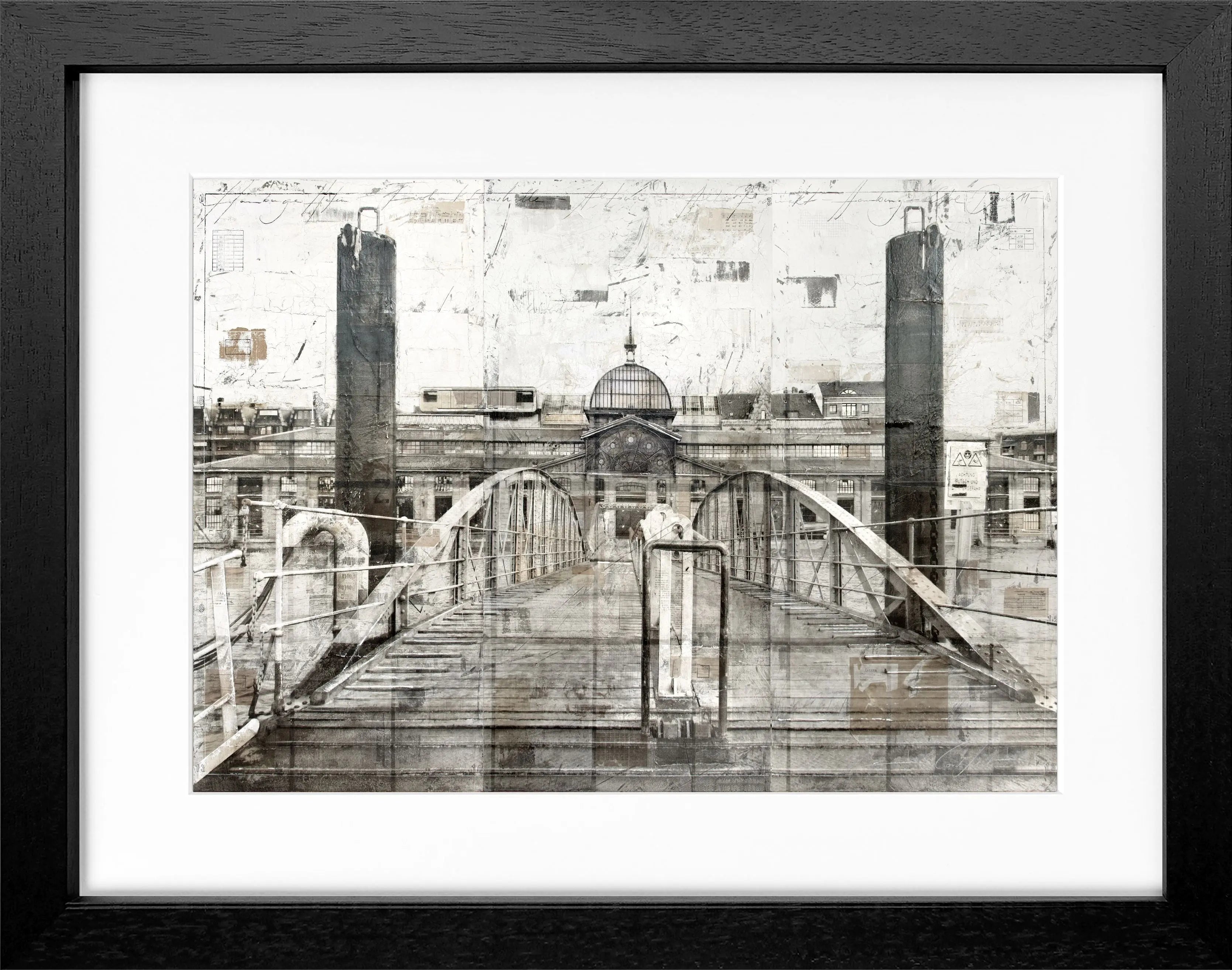 Schwarzweiß-Poster mit Rahmen, Fischauktionshalle Hamburg, von Cosman-Photocollection, 31x25 cm, Wanddekoration