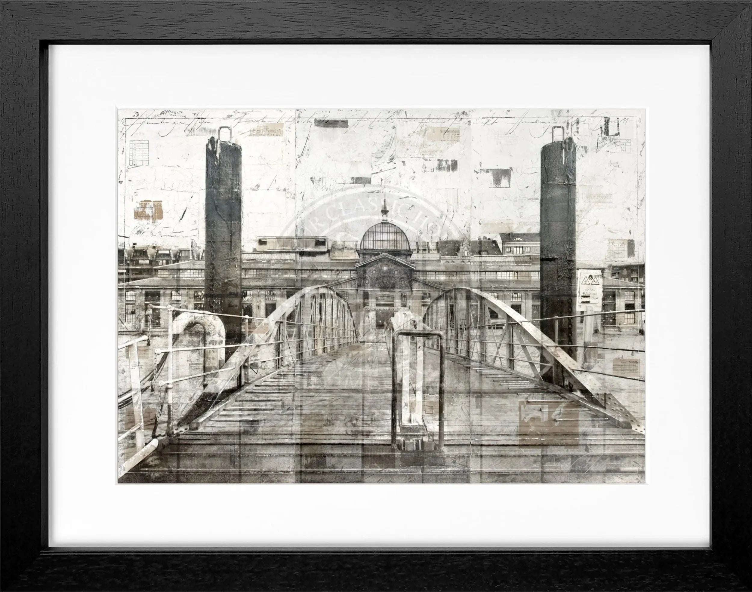 Schwarzweiß-Poster mit Rahmen, Fischauktionshalle Hamburg, von Cosman-Photocollection, 31x25 cm, Wanddekoration