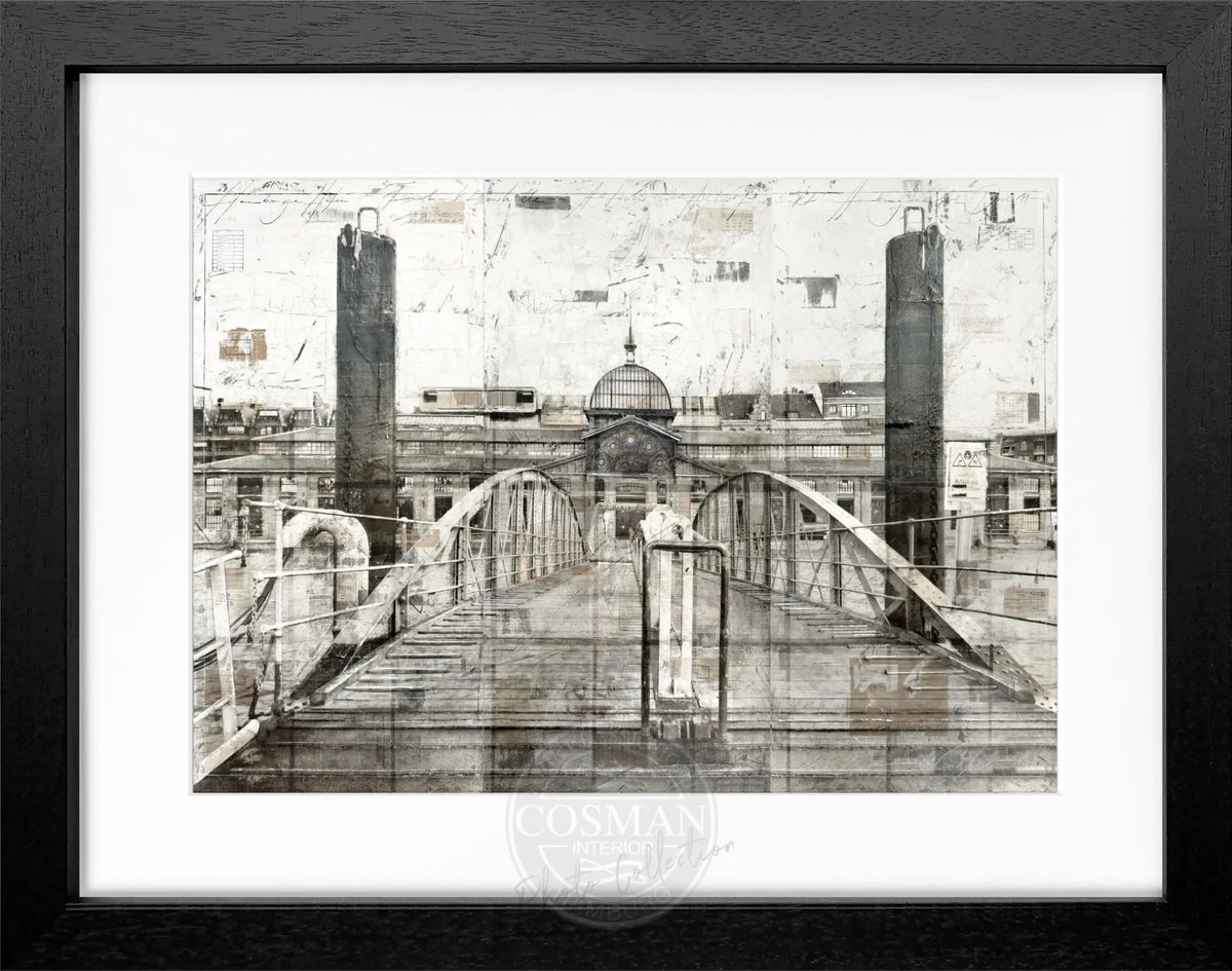 Schwarzweiß-Poster mit Rahmen, Fischauktionshalle Hamburg, von Cosman-Photocollection, 31x25 cm, Wanddekoration