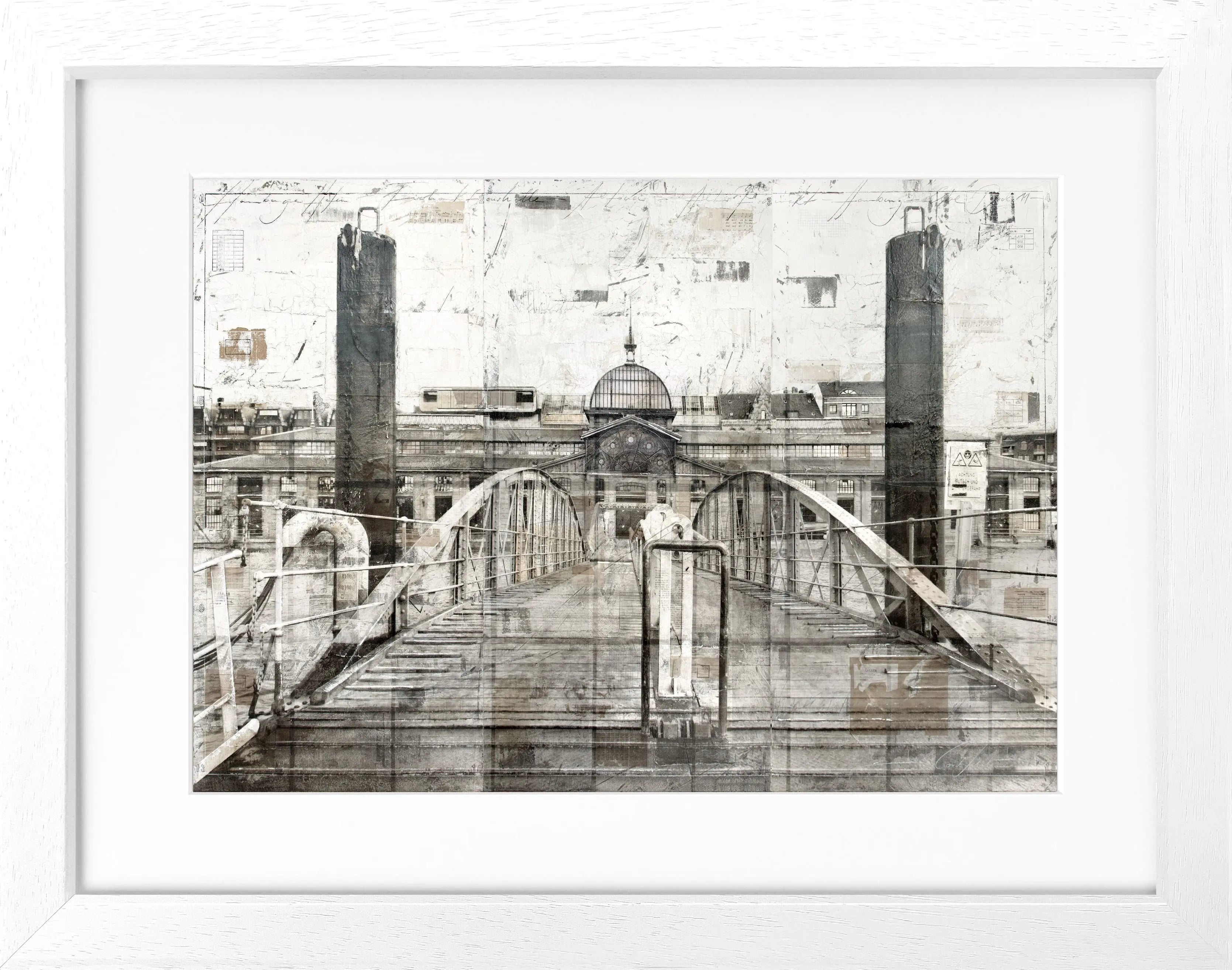 Schwarz-weiß Poster der Fischauktionshalle Hamburg im Rahmen von Cosman-Photocollection, Maße 31x25 cm