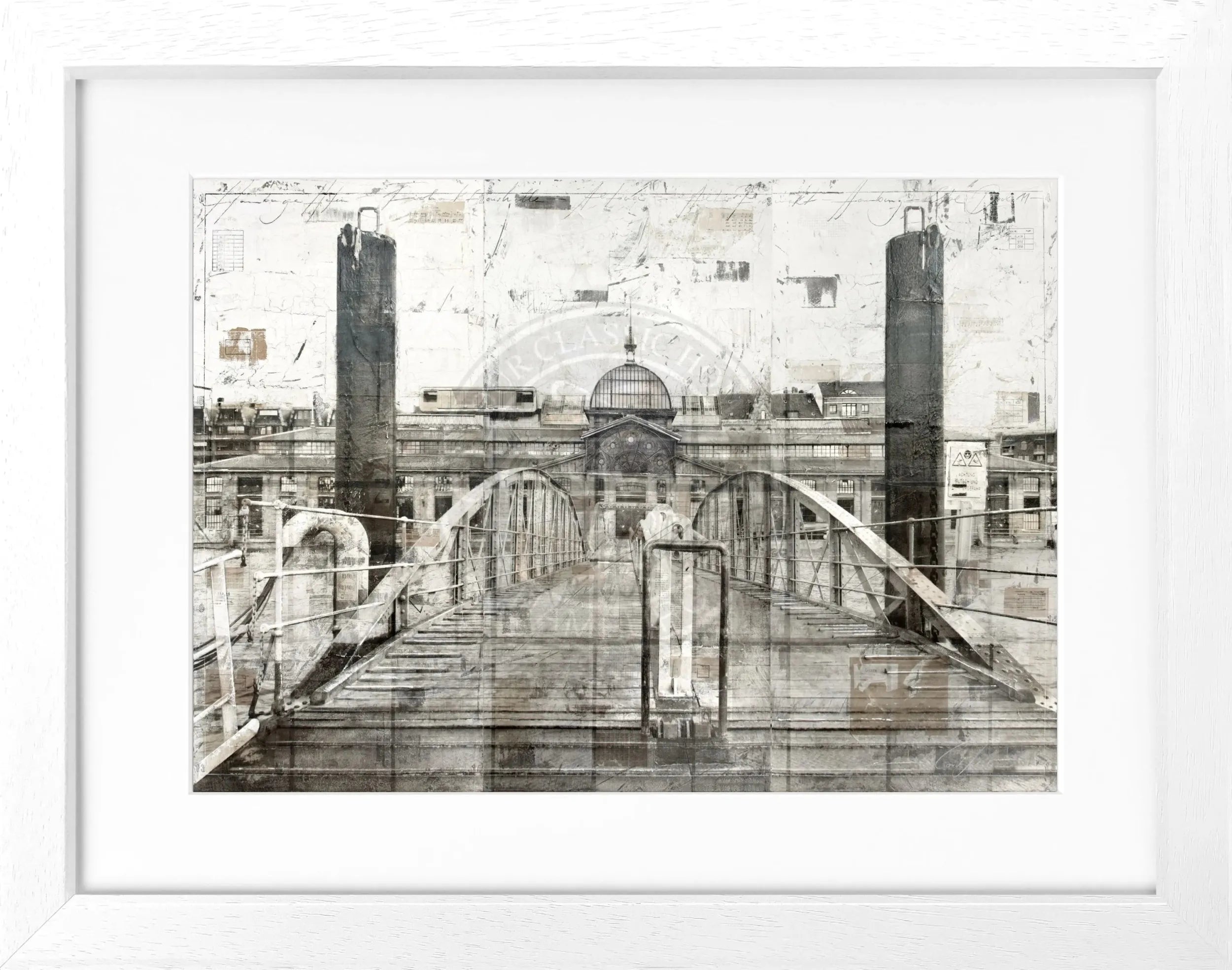 Schwarz-weiß Poster der Fischauktionshalle Hamburg im Rahmen von Cosman-Photocollection, Maße 31x25 cm