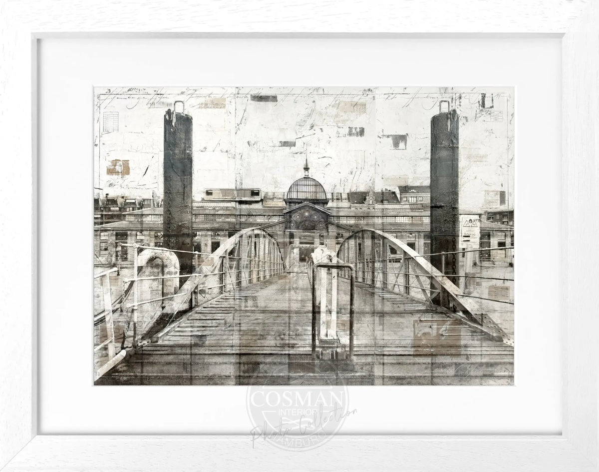 Schwarz-weiß Poster der Fischauktionshalle Hamburg im Rahmen von Cosman-Photocollection, Maße 31x25 cm