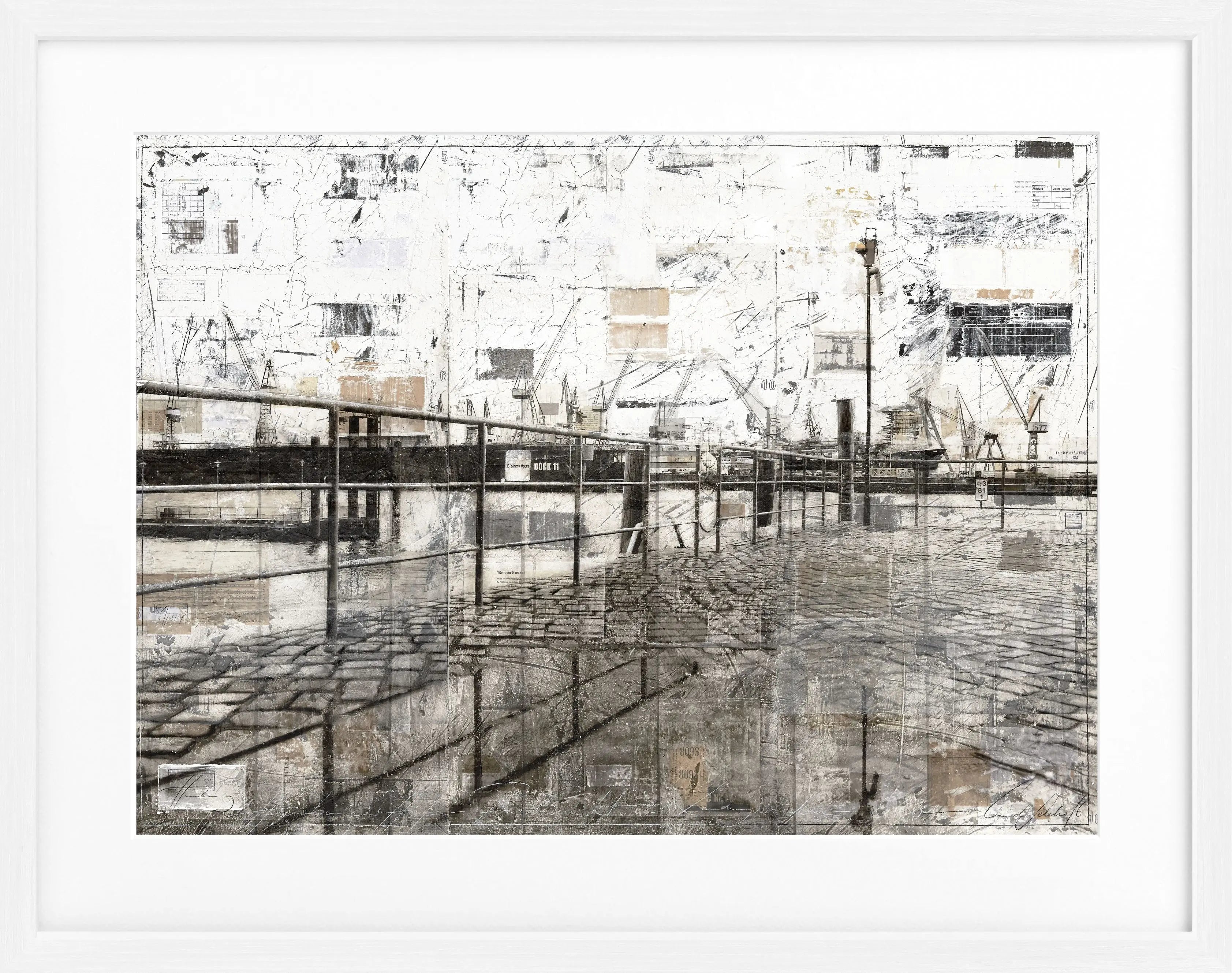 Schwarz gerahgter Hamburg Hafen Poster von Cosman-Photocollection, 31x25cm, zeigt Hafenansicht mit Rahmen.