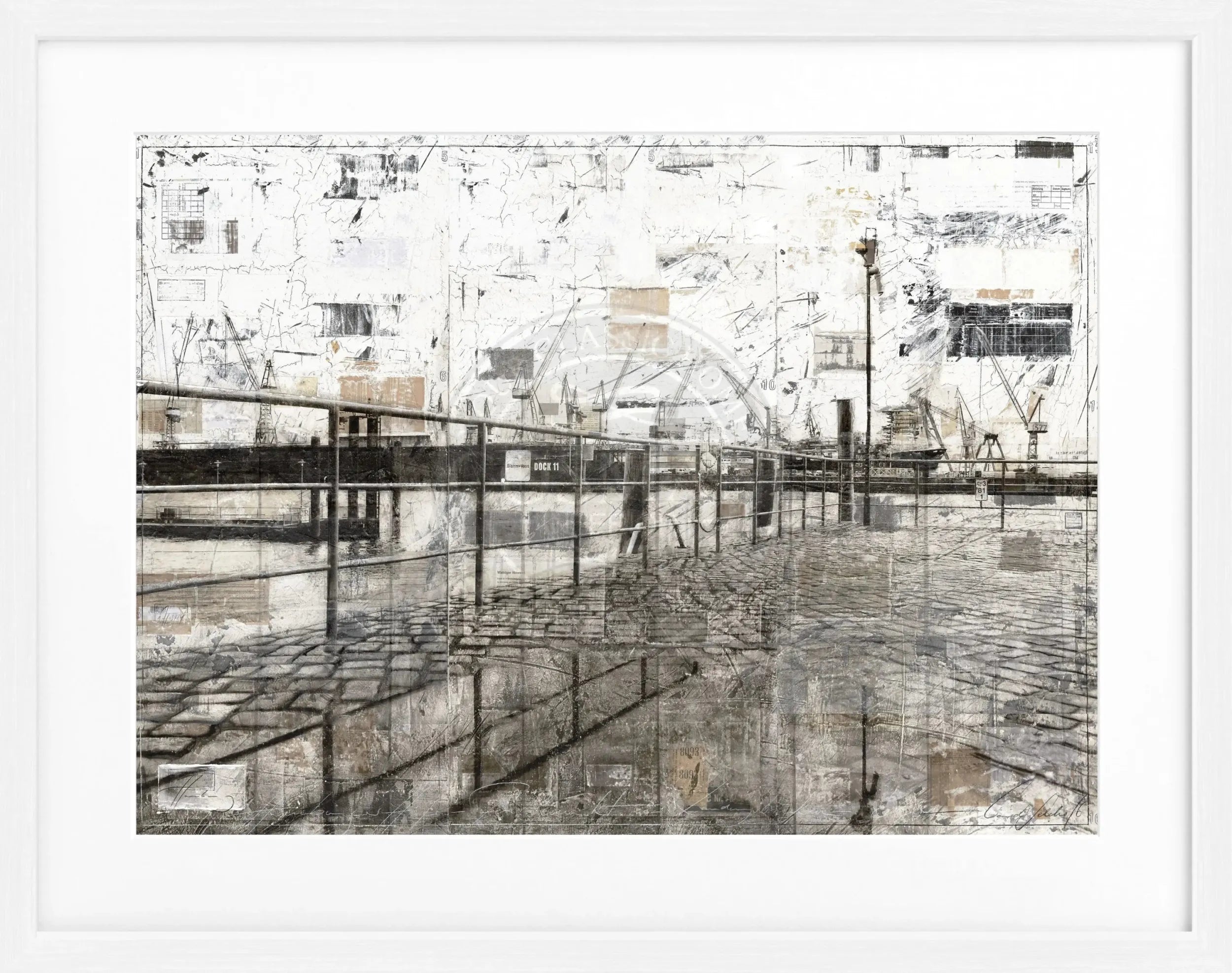 Schwarz gerahgter Hamburg Hafen Poster von Cosman-Photocollection, 31x25cm, zeigt Hafenansicht mit Rahmen.