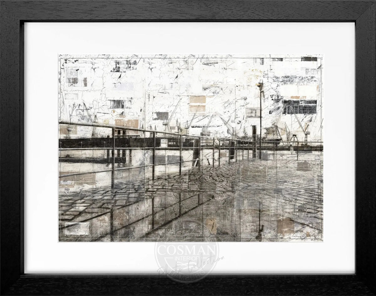 Schwarzes Poster mit Rahmen von Cosman-Photocollection, Hafen Hamburg, 31x25cm, Fotografie mit maritimen Hafenmotiv.