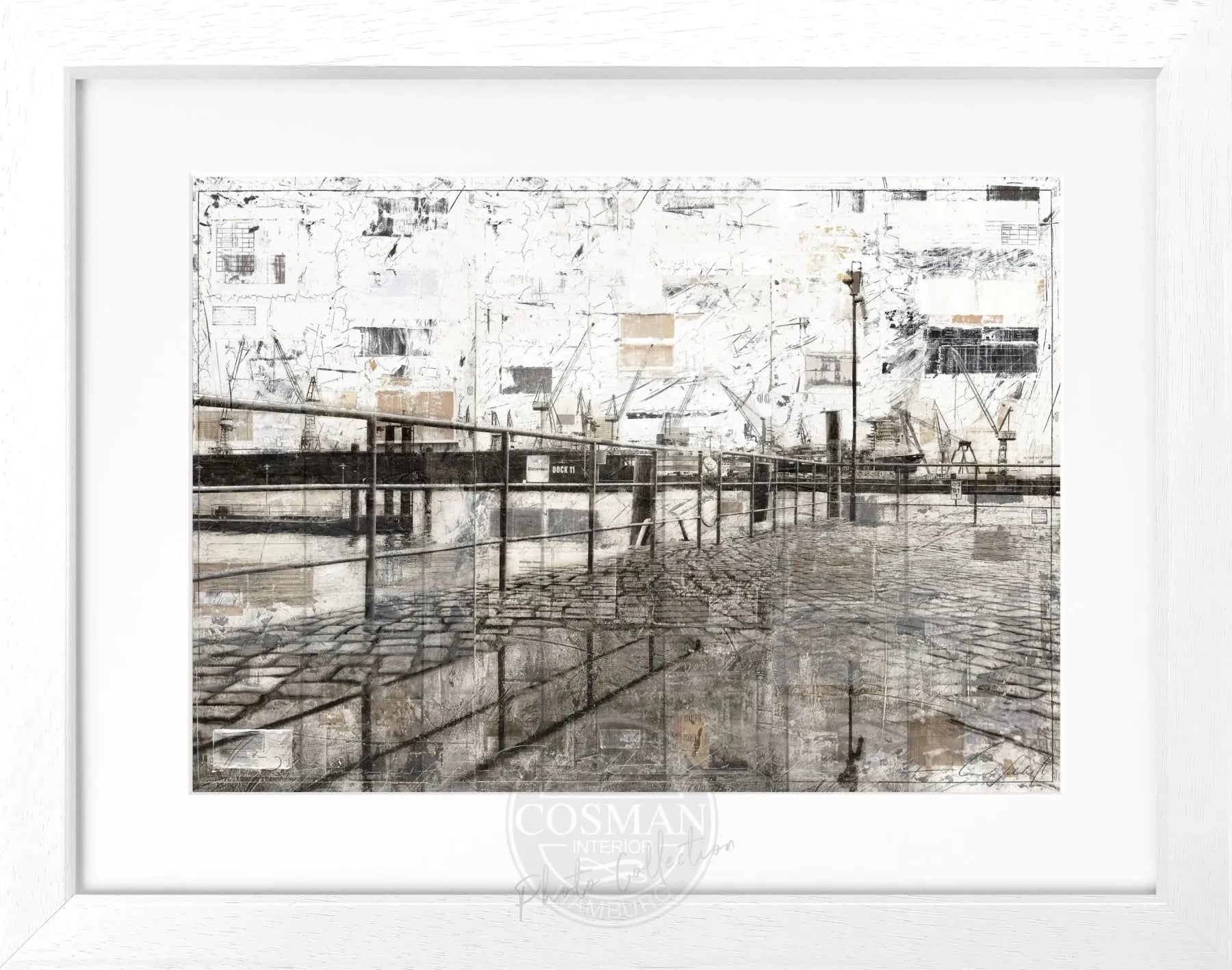 Schwarz-weiß Poster mit Rahmen, Hamburg Hafen Motiv, von Cosman-Photocollection, 31x25cm, Kunst- und Stadtbild Dekoration.