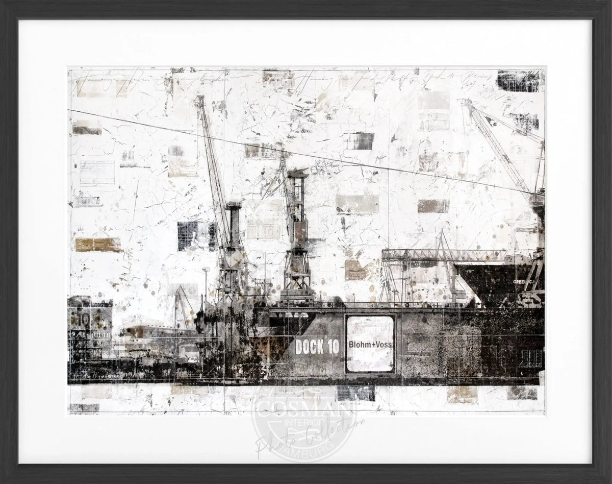 Schwarzweiß-Poster mit Rahmen, Hamburg Dock 10, von Cosman-Photocollection, 31x25cm, dekoratives Wandbild