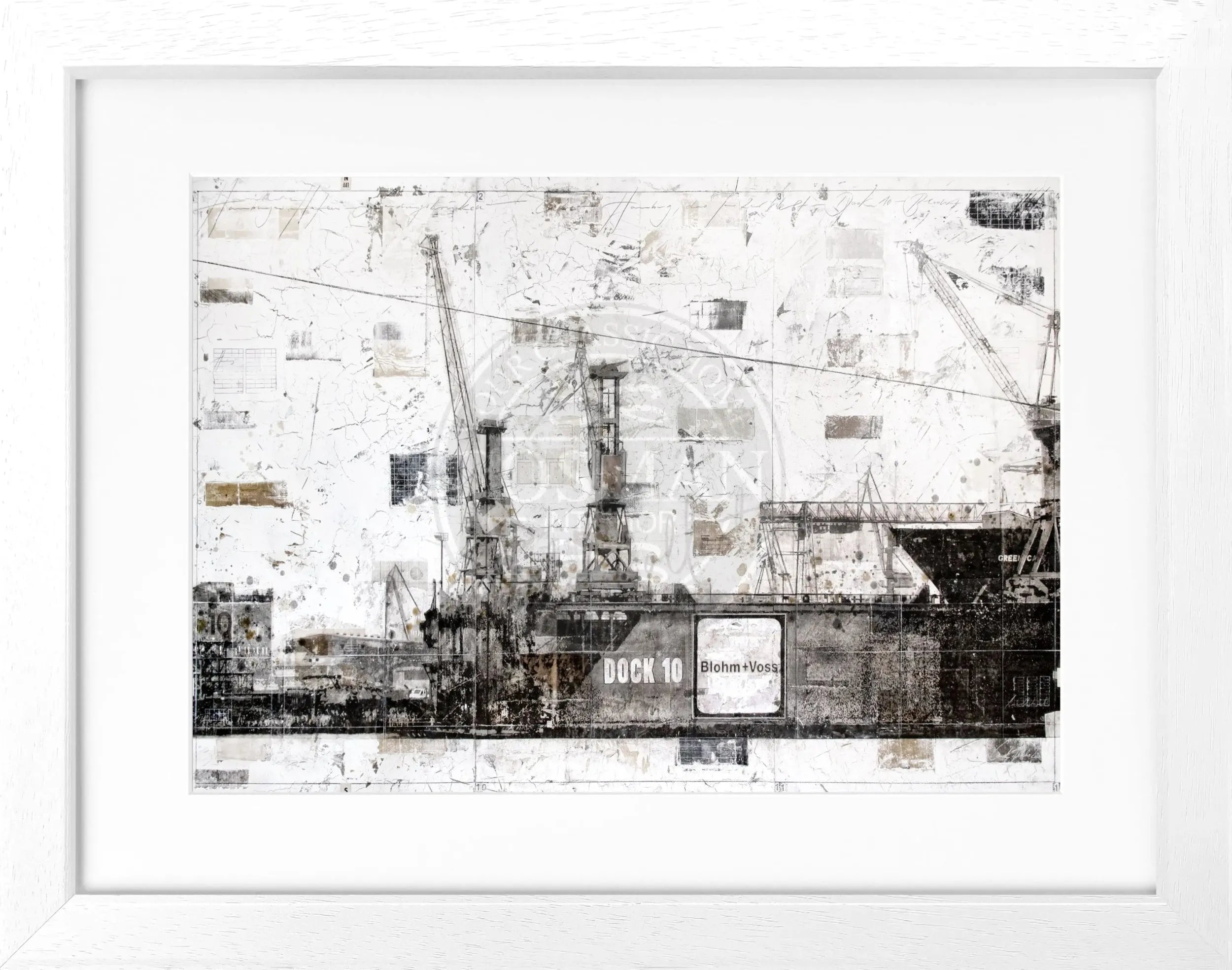 Schwarzweiß-Poster mit Rahmen von Hamburg Dock 10, Cosman-Photocollection, 31x25 cm, urbanes Hafenmotiv.