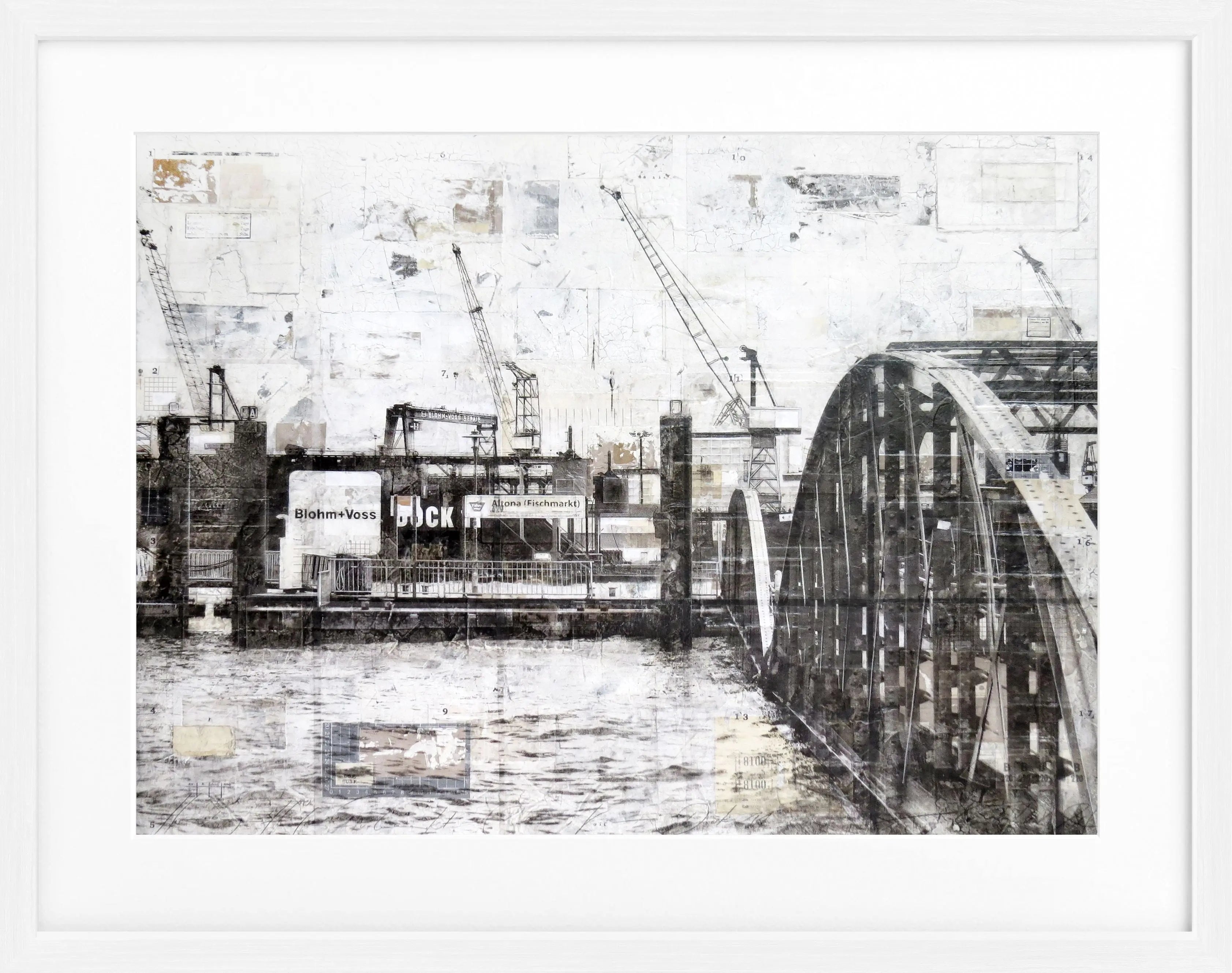 Schwarz-weiß Poster mit Rahmen von Hamburg Hafen Landungsbrücken, von Cosman-Photocollection, 31x25 cm