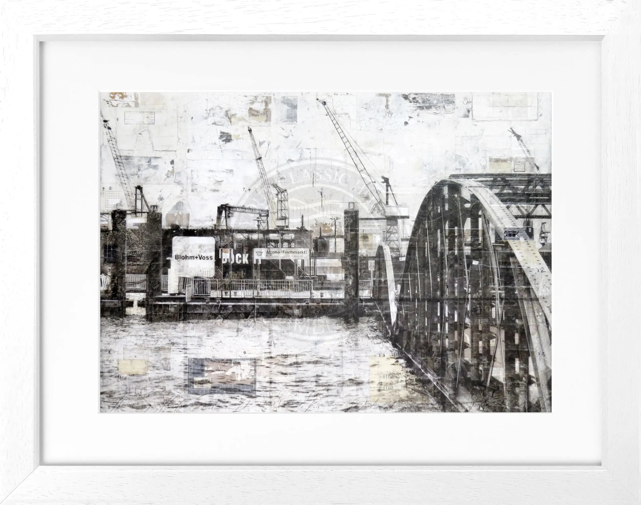 Hochwertiges Poster mit Rahmen von Hamburg Hafen Landungsbrücken, Schwarz, 31x25cm, von Cosman-Photocollection.