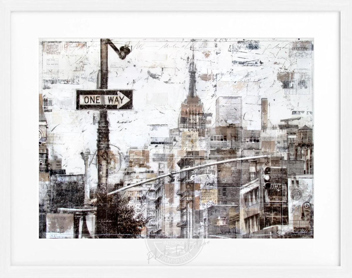 Schwarz-weißer Poster mit Rahmen, New York Westseite, ‚ONE WAY‘-Schilder, von Cosman-Photocollection, 31x25 cm