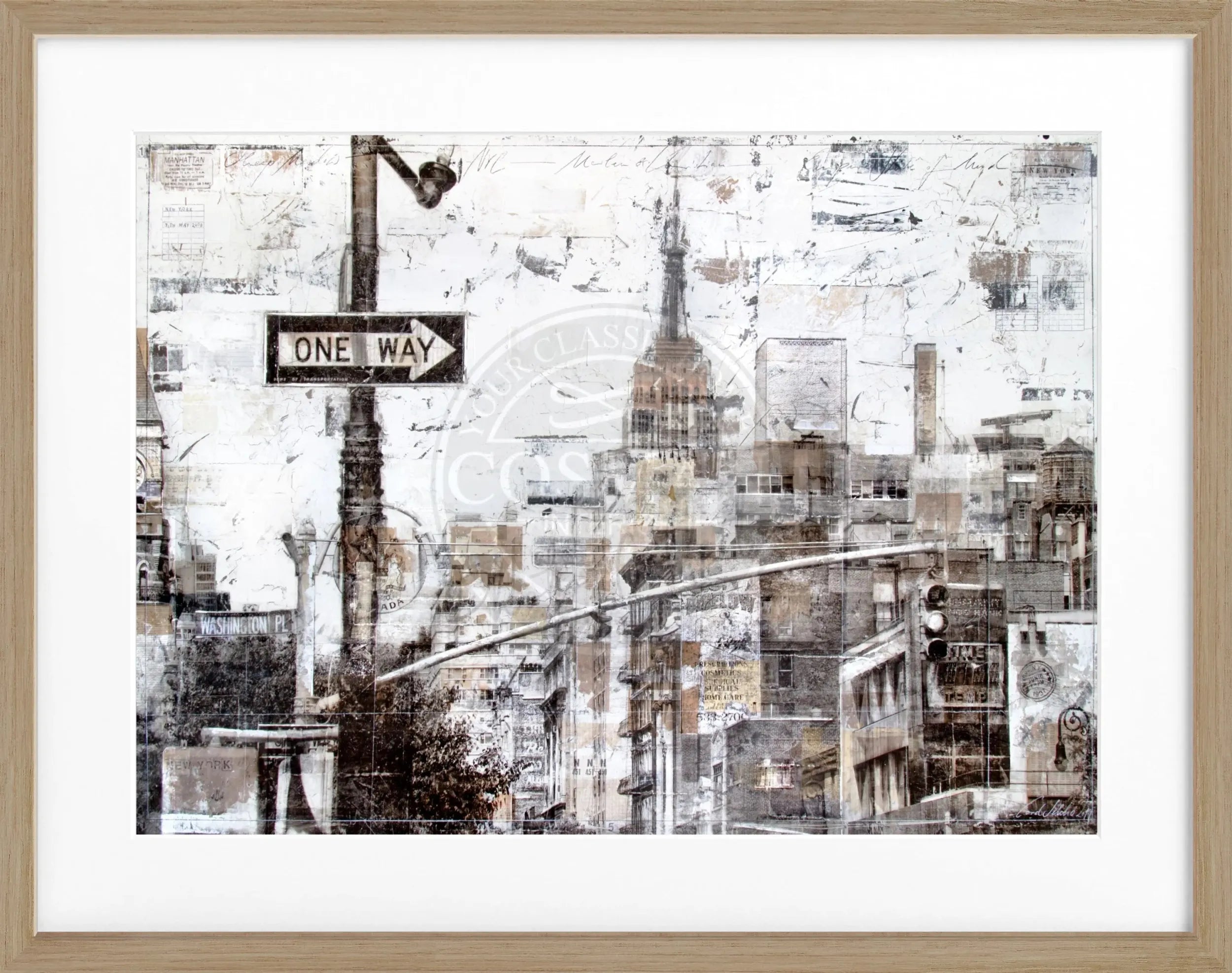 Schwarz-weißes Poster mit Rahmen von New York City, „ONE WAY“ Design, von Cosman-Photocollection, 31x25 cm