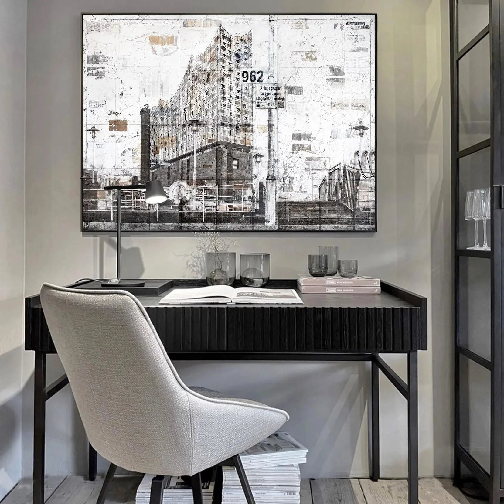 Wandbild GM03 Hamburg Elbphilharmonie von Cosman-Photocollection, Druck auf Leinwand mit Schattenfuge, schwarz, 125x95cm
