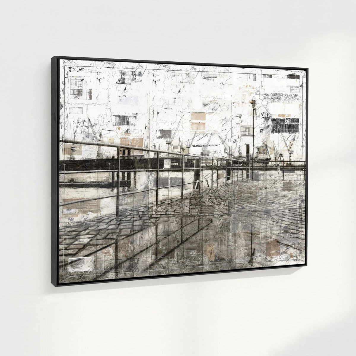 Wandbild Hamburg Hafen von Cosman-Photocollection, Druck auf Leinwand mit Schattenfuge, zeigt Hafenansicht in Schwarzweiß, 125x95cm