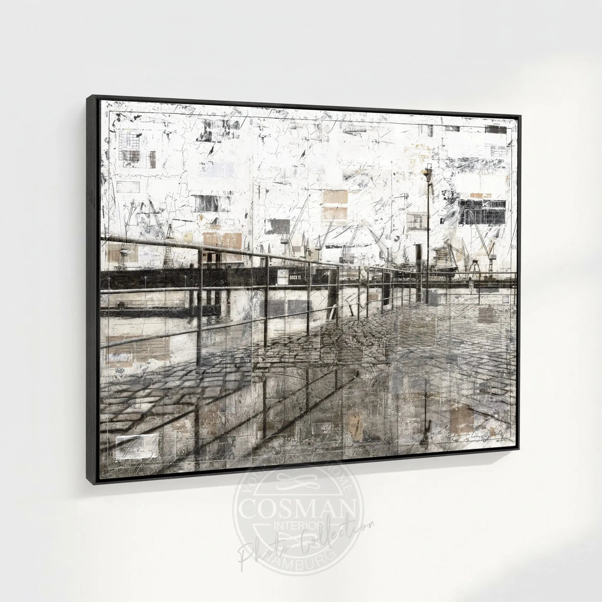 Wandbild Hamburg Hafen von Cosman-Photocollection, Druck auf Leinwand mit Schattenfuge, zeigt Hafenansicht in Schwarzweiß, 125x95cm