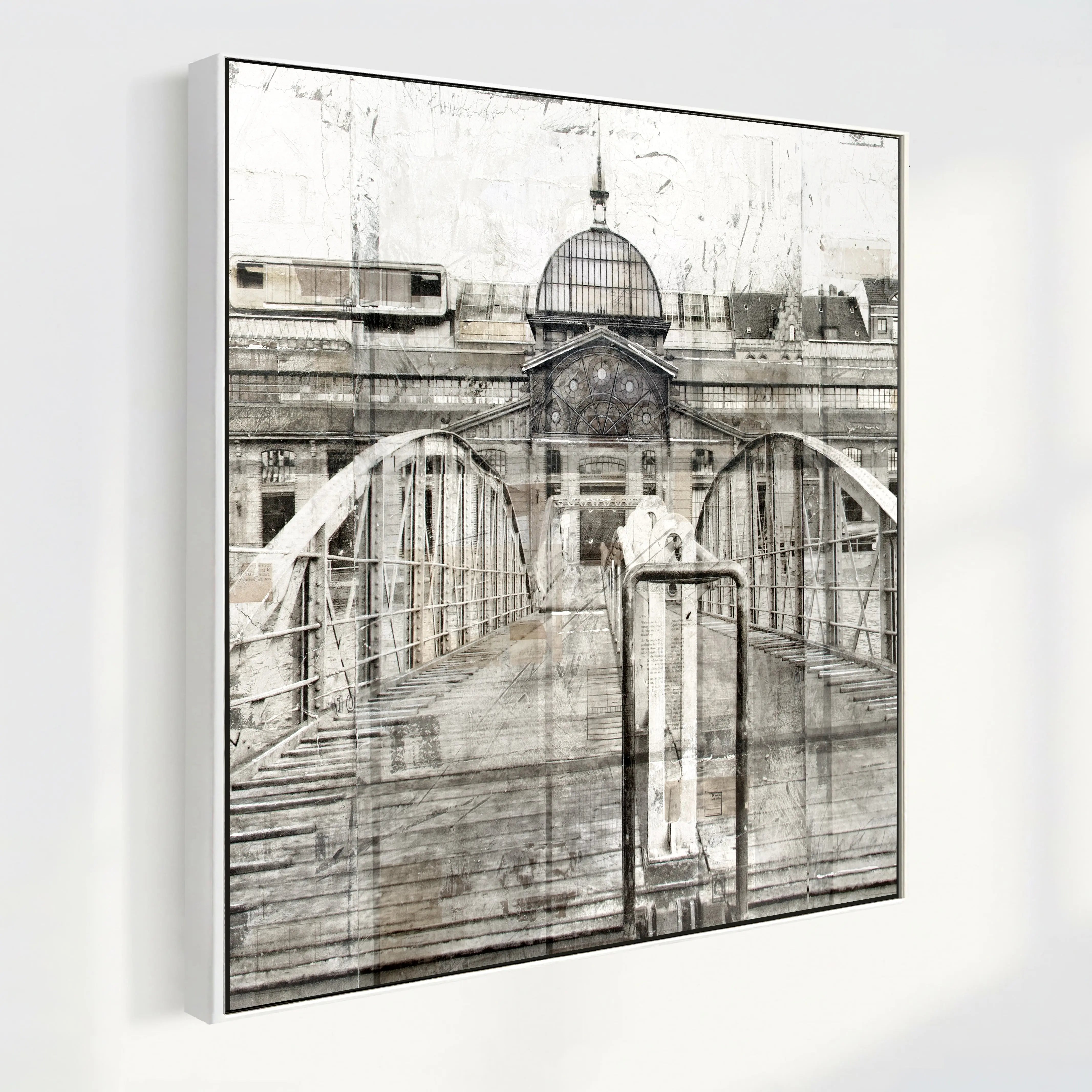 Hintergrundbild Hamburg Fischauktionshalle auf Leinwand, Wandbild von Cosman-Photocollection mit Schattenfuge, schwarz, 84x84 cm