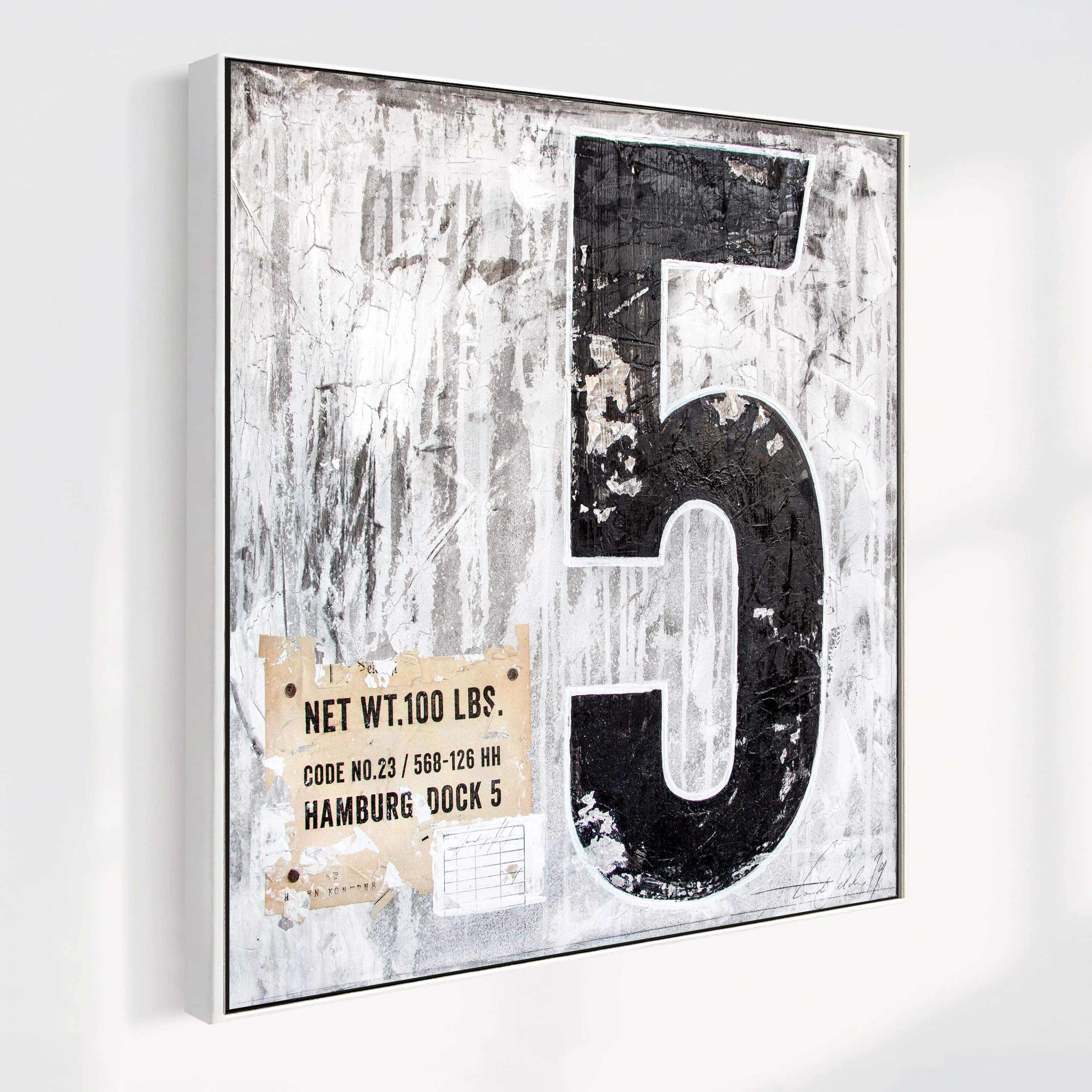 Schwarz-weißes Wandbild GM11 ’Fünf’ von Cosman-Photocollection, Druck auf Leinwand mit Schattenfuge, 84x84 cm.