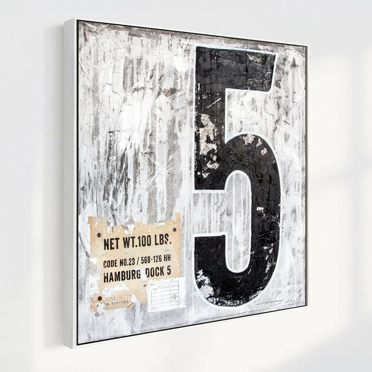 Schwarz-weißes Wandbild GM11 ’Fünf’ von Cosman-Photocollection, Druck auf Leinwand mit Schattenfuge, 84x84 cm.