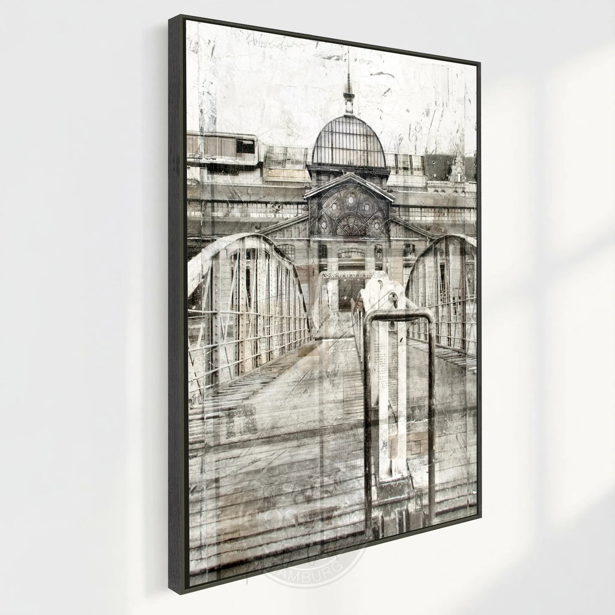 Hochwertiges Wandbild GM04A Hamburg Fischmarkt auf Leinwand mit Schattenfuge von Cosman-Photocollection, 95x125 cm, detailreiche Stadtaufnahme