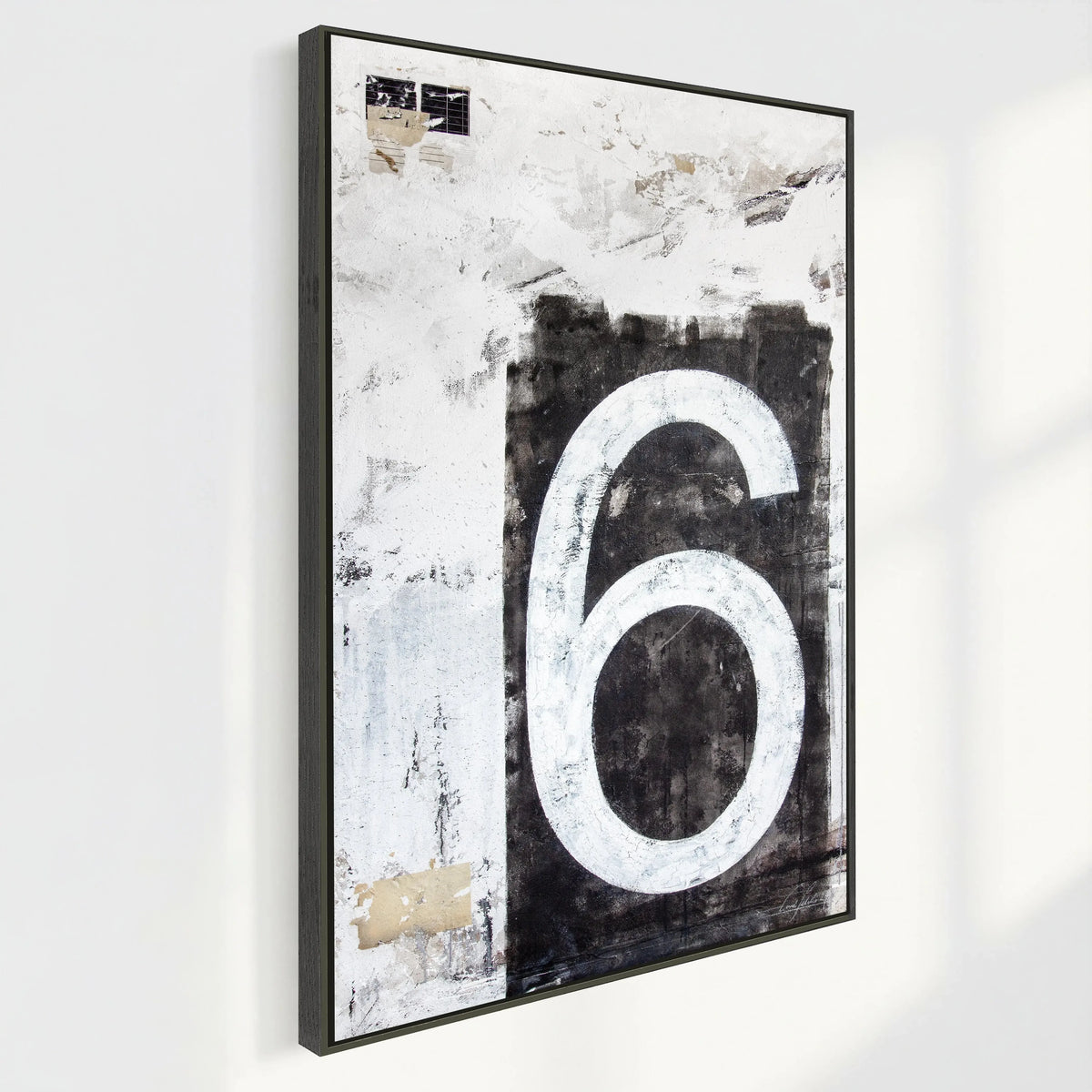Wandbild GM86 von Cosman-Photocollection, schwarze Zahl Sechs auf Leinwand mit Schattenfuge, 95x125 cm, modernes Kunstwerk