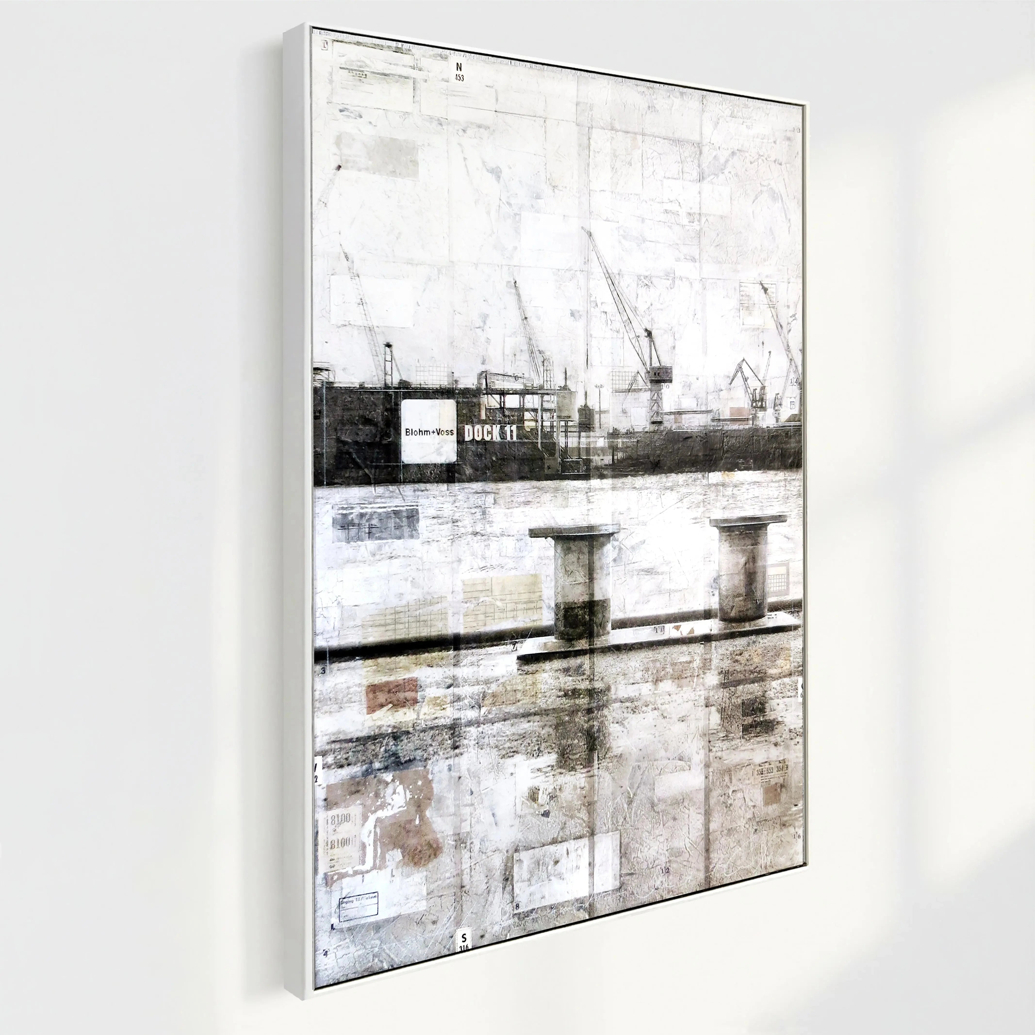 Wandbild Hamburg Hafen mit Pollern, Druck auf Leinwand, Schattenfuge, 95x125 cm, von Cosman-Photocollection in Schwarz.