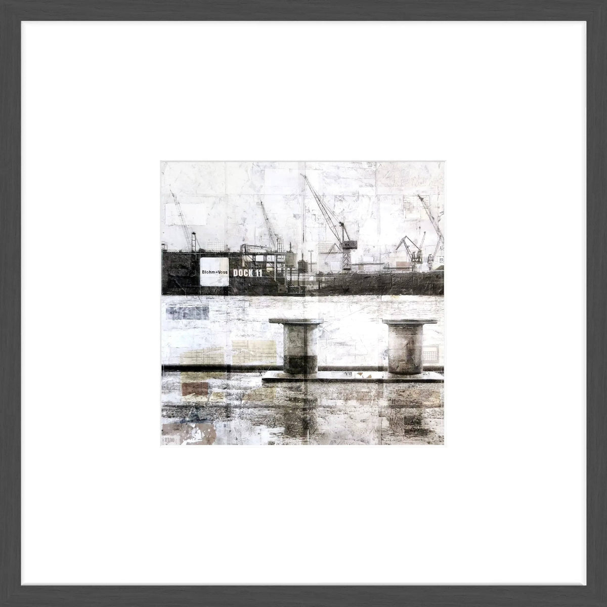 Schwarz mattes Poster mit Rahmen ’Dock 11’ Hamburg, 43x43cm, von Cosman-Photocollection, dekorativer Objektrahmen.