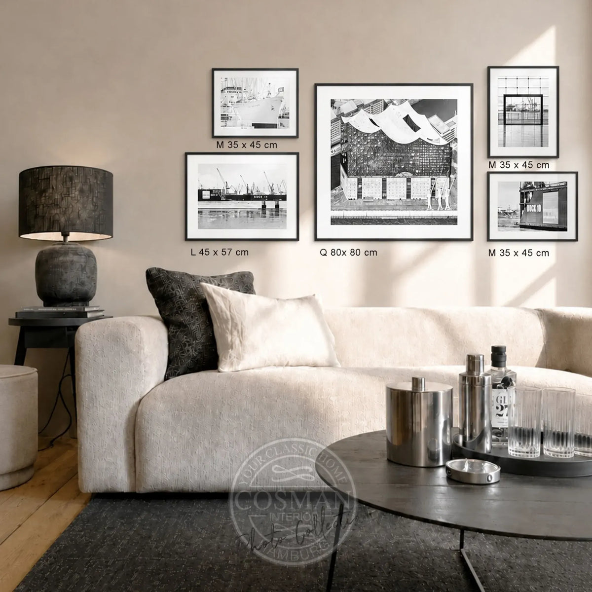 Hamburg Bilderwand als 5er-Set mit gerahmten Schwarz-Weiß-Fotografien in Querformat, Hochformat und Quadrat