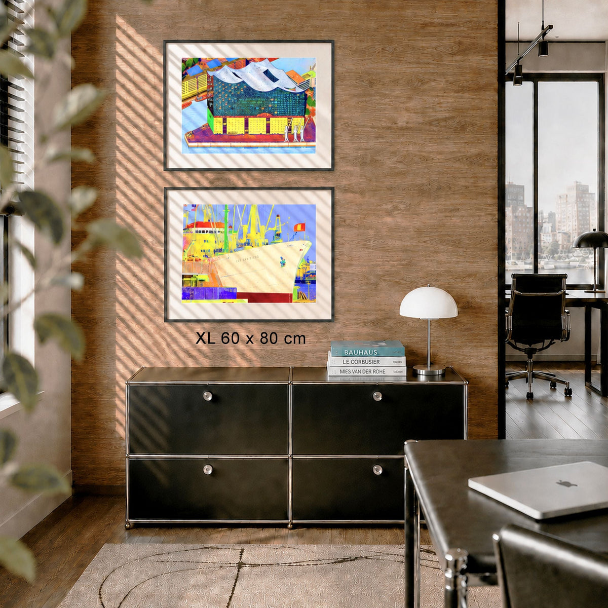 Hamburg Colour Bilderwand als 2er-Set XL mit gerahmten Farbfotografien der Elbphilharmonie und Cap San Diego im Format 80 × 60 cm