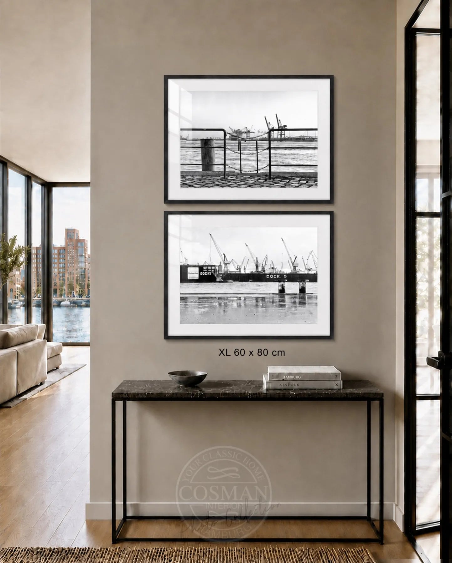 Hamburg Hafen Bilderwand als 2er-Set mit gerahmten Schwarz-Weiß-Motiven HH05C und HH28 im Format 80 × 60 cm