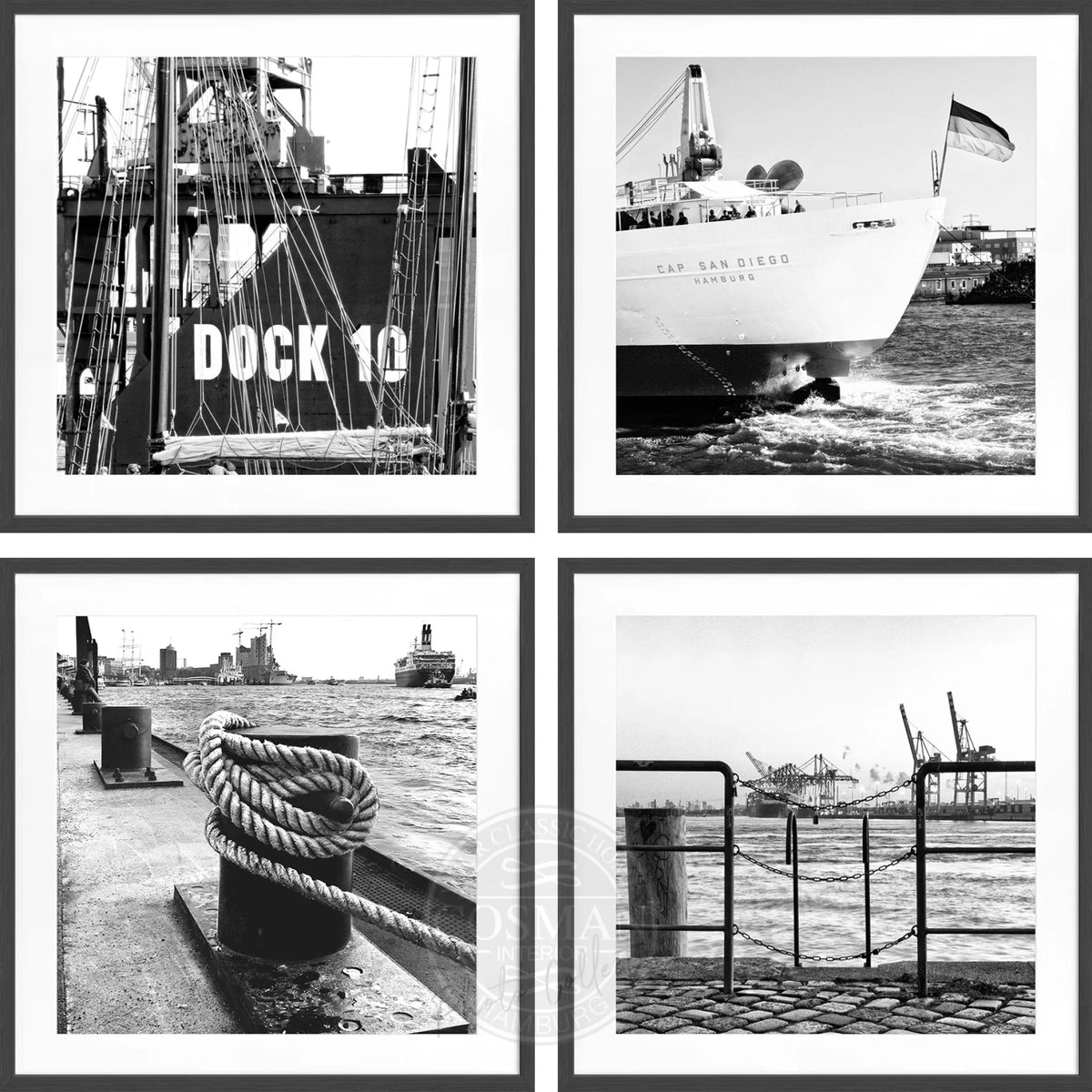 Hamburg Hafen Bilderwand mit vier quadratischen Schwarz-Weiß-Motiven und schwarzen Holzrahmen